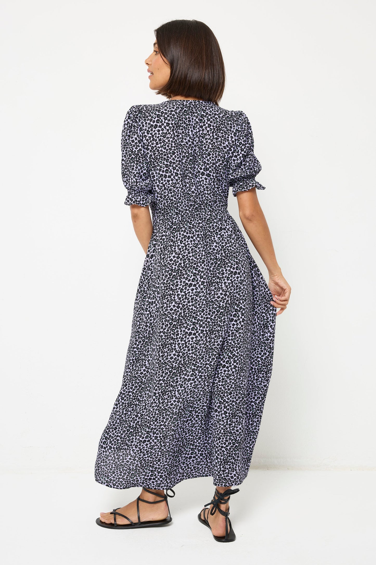 Lilac Mini Leopard Flute Sleeve Midi Tea Dress