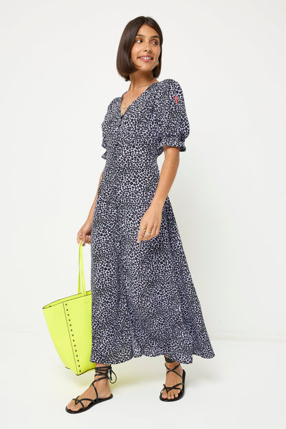 Lilac Mini Leopard Flute Sleeve Midi Tea Dress