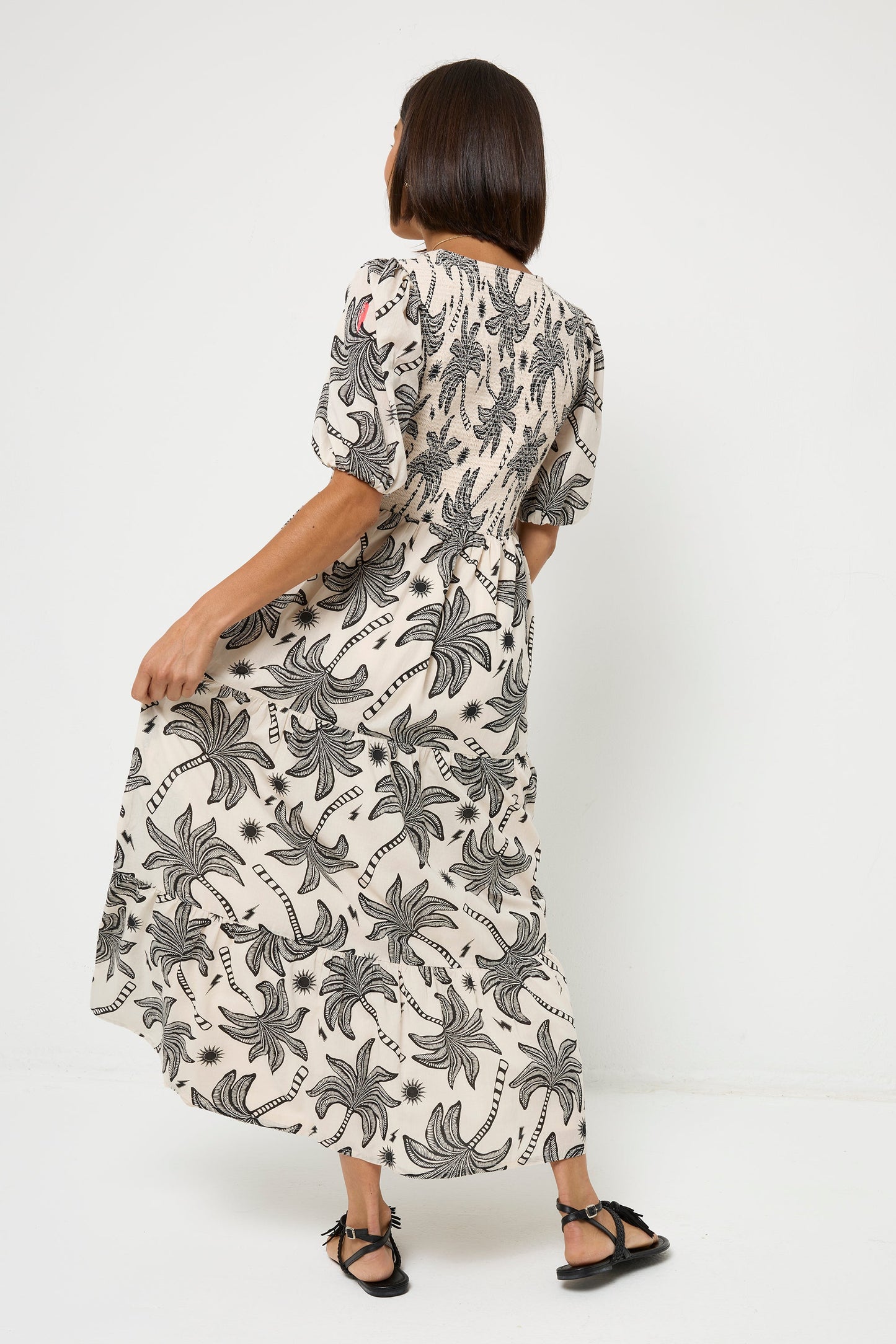 Neutral with Black Palm Spring Shirred Puff Sleeve Maxi Dress