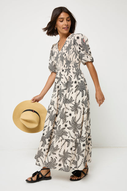 Neutral with Black Palm Spring Shirred Puff Sleeve Maxi Dress