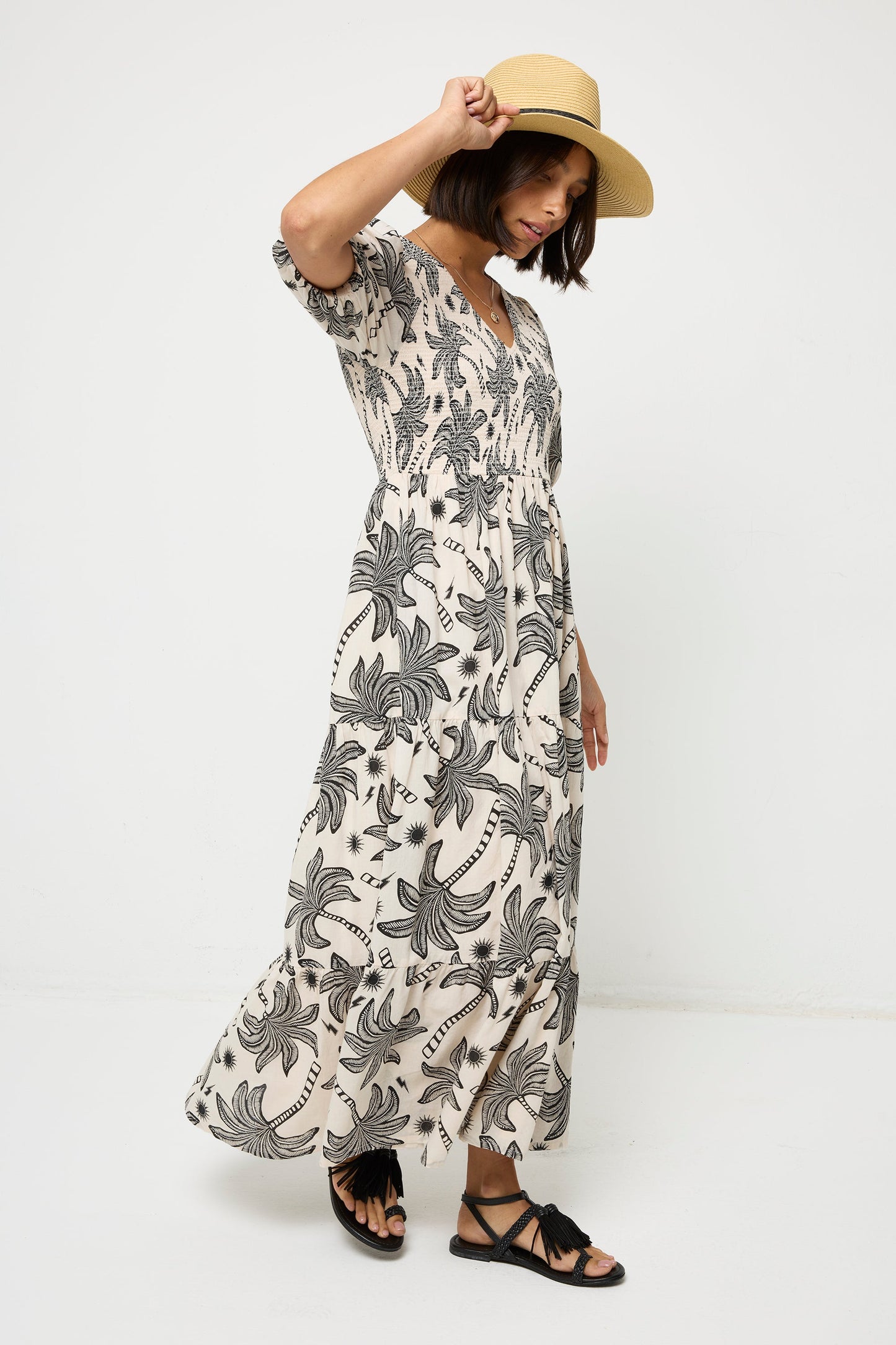 Neutral with Black Palm Spring Shirred Puff Sleeve Maxi Dress