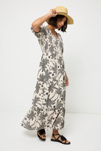 Neutral with Black Palm Spring Shirred Puff Sleeve Maxi Dress