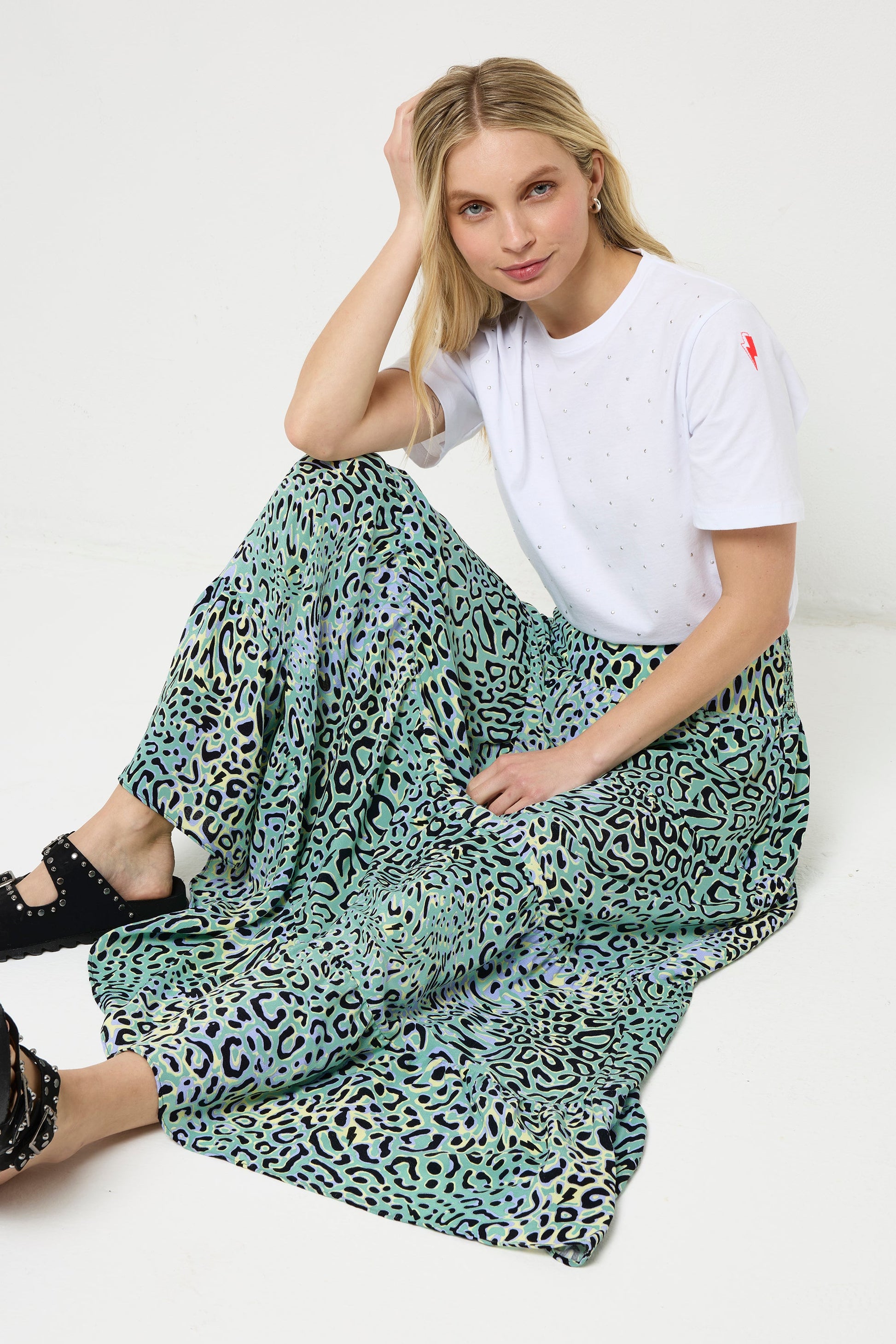 Green with Yellow Leopard Ray Maxi Skirt