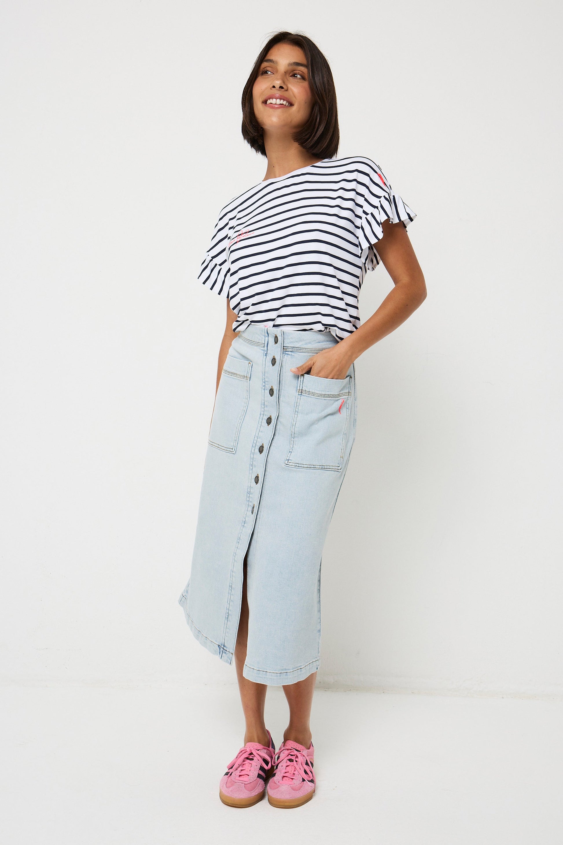 Pale Indigo Button Front A-Line Denim Midi Skirt