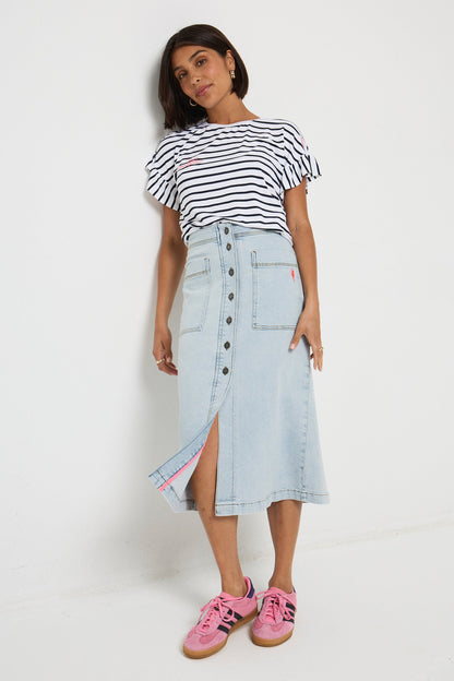 Pale Indigo Button Front A-Line Denim Midi Skirt