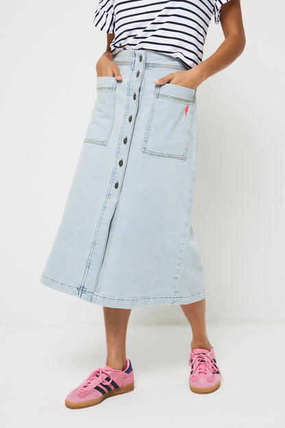 Pale Indigo Button Front A-Line Denim Midi Skirt