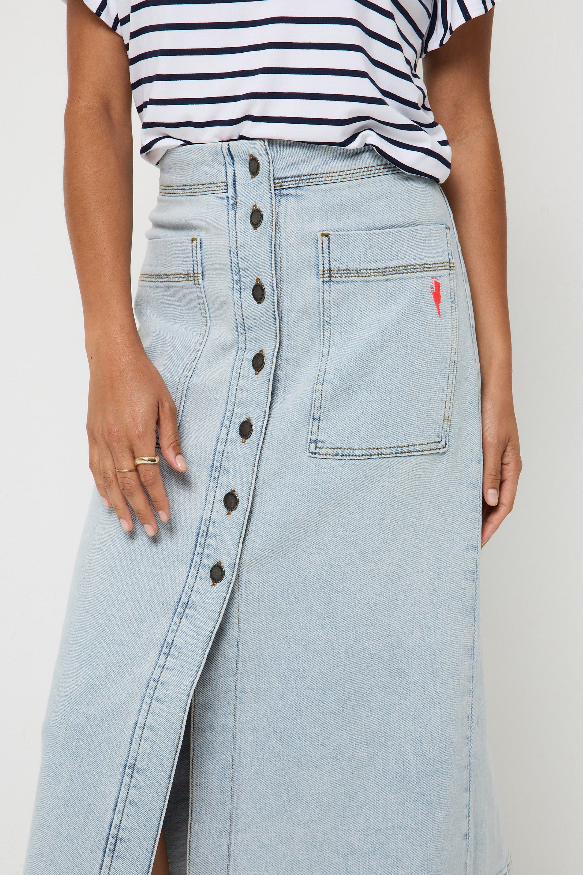 Pale Indigo Button Front A-Line Denim Midi Skirt