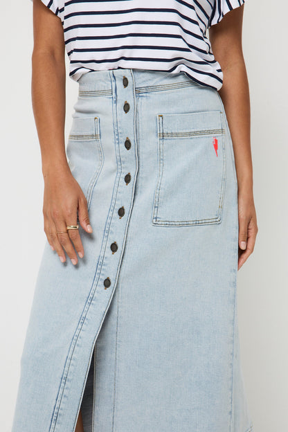 Pale Indigo Button Front A-Line Denim Midi Skirt