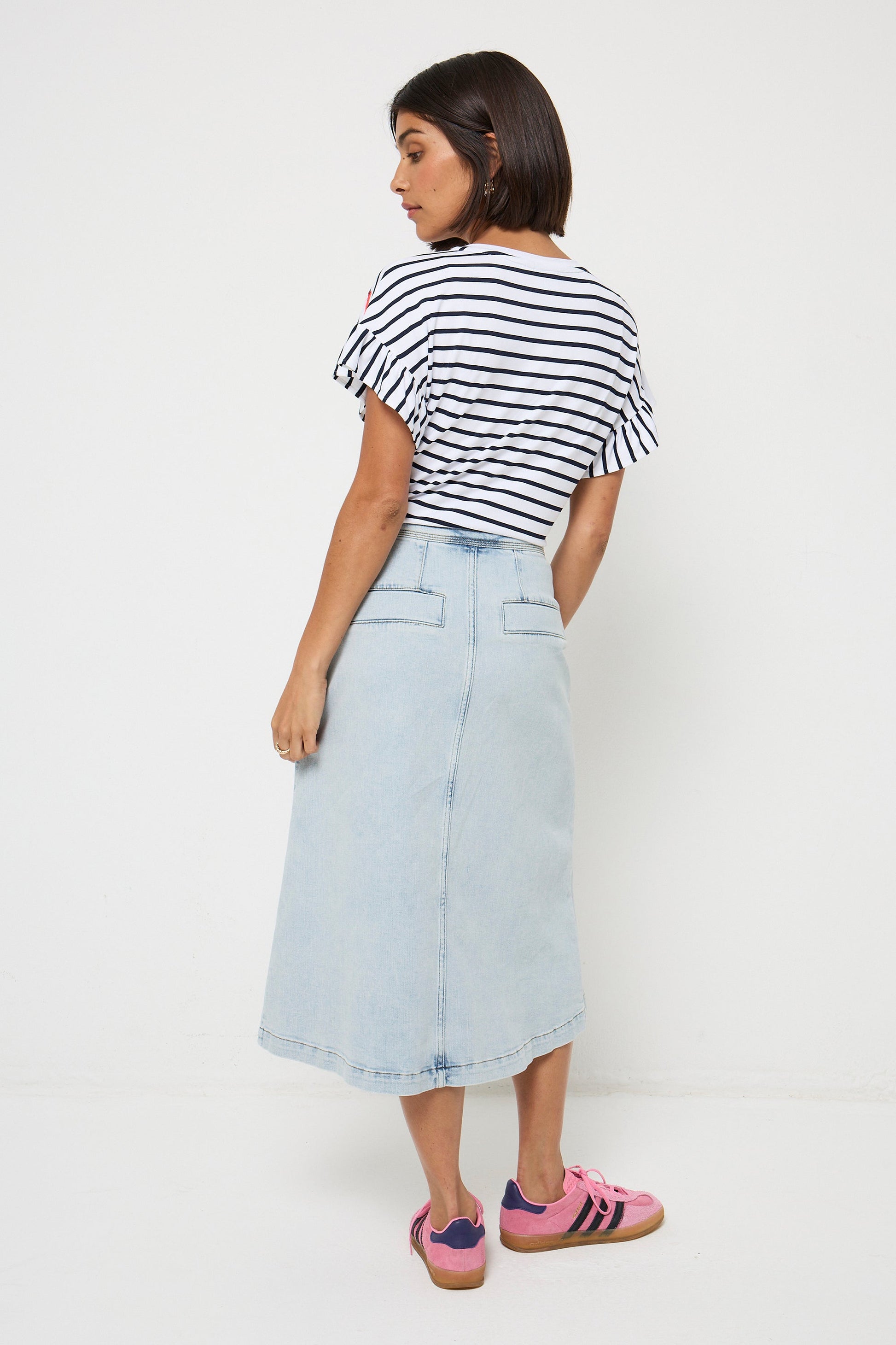 Pale Indigo Button Front A-Line Denim Midi Skirt