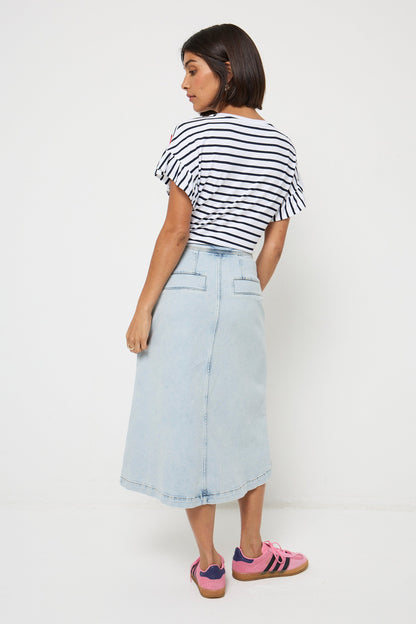 Pale Indigo Button Front A-Line Denim Midi Skirt