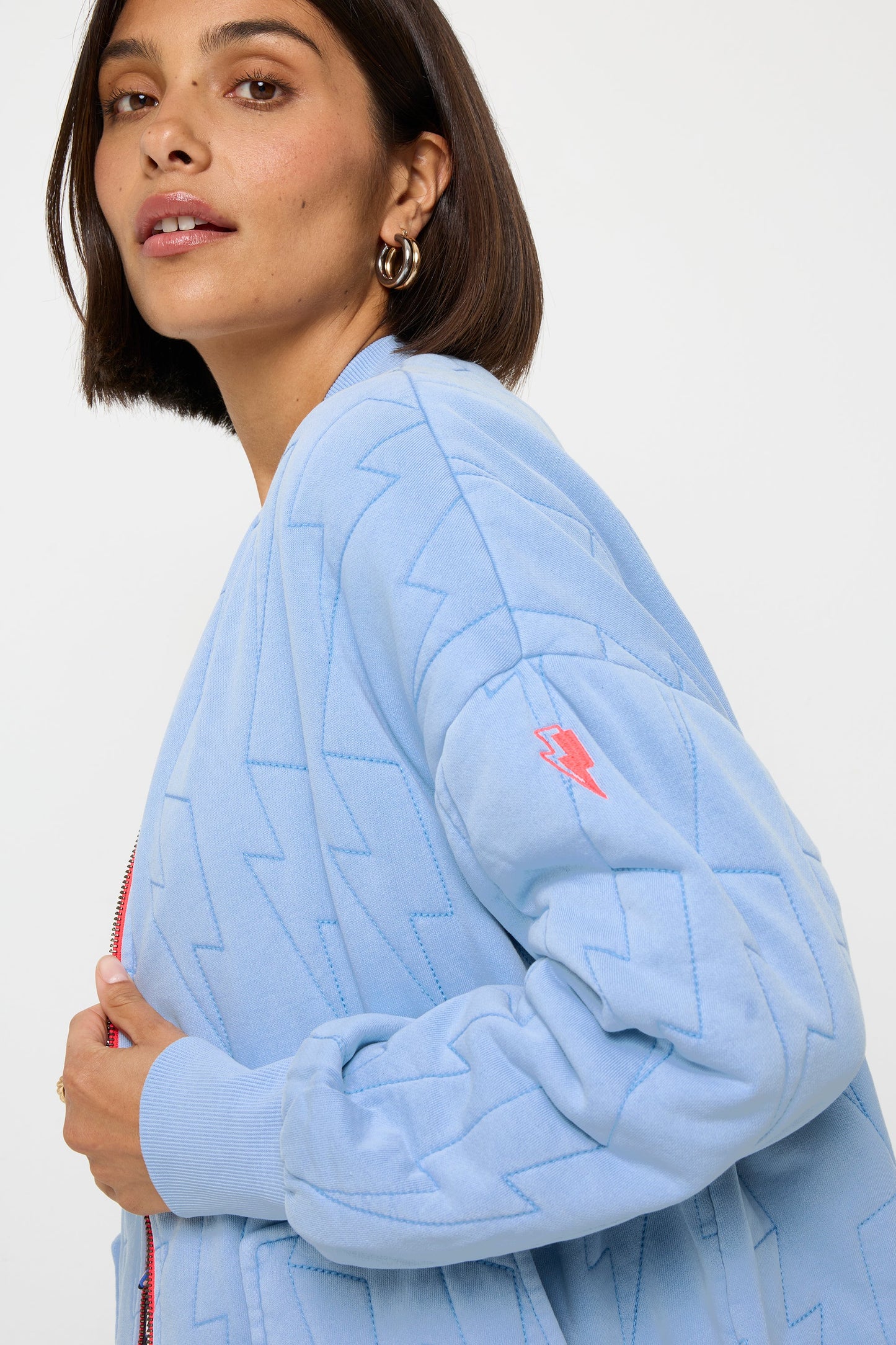 Blue Lightning Bolt Oversized Quilted Bomber Jacket