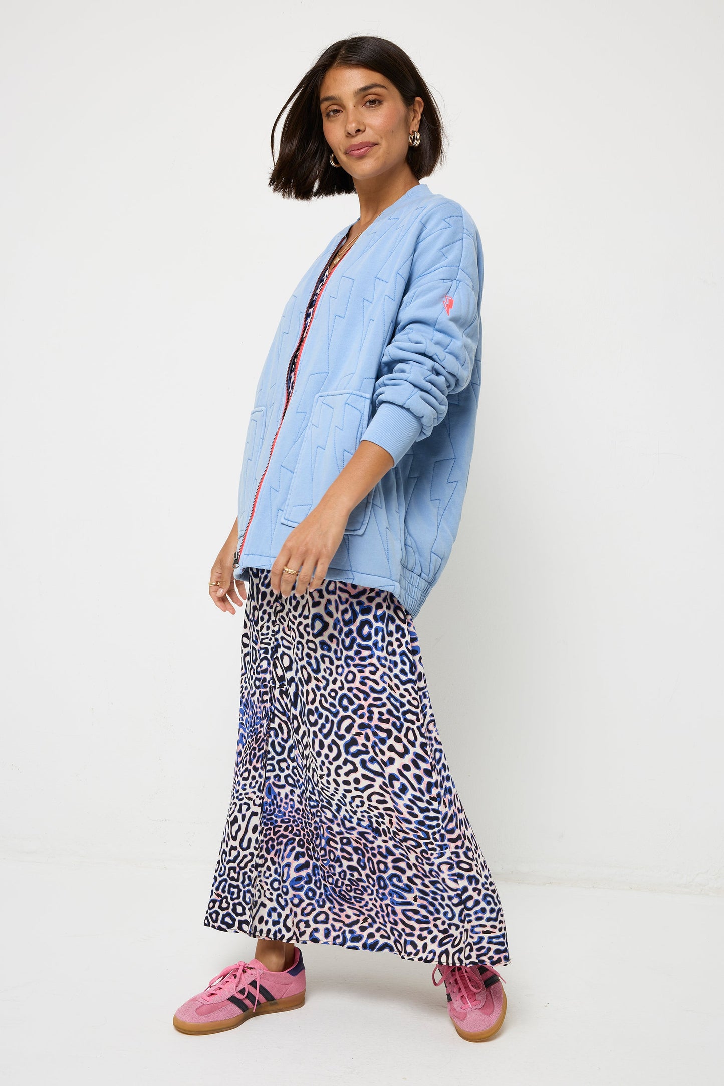 Blue Lightning Bolt Oversized Quilted Bomber Jacket