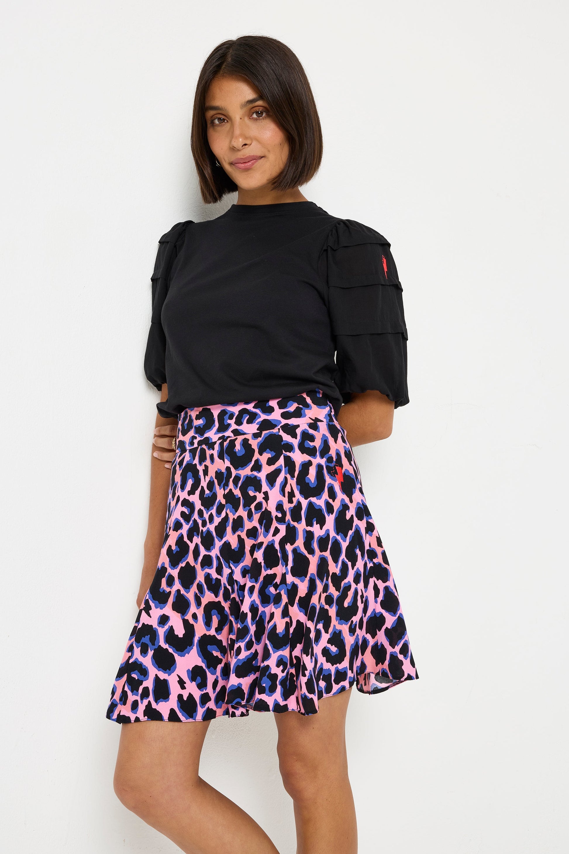 Pink with Blue and Black Shadow Leopard Skater Skirt