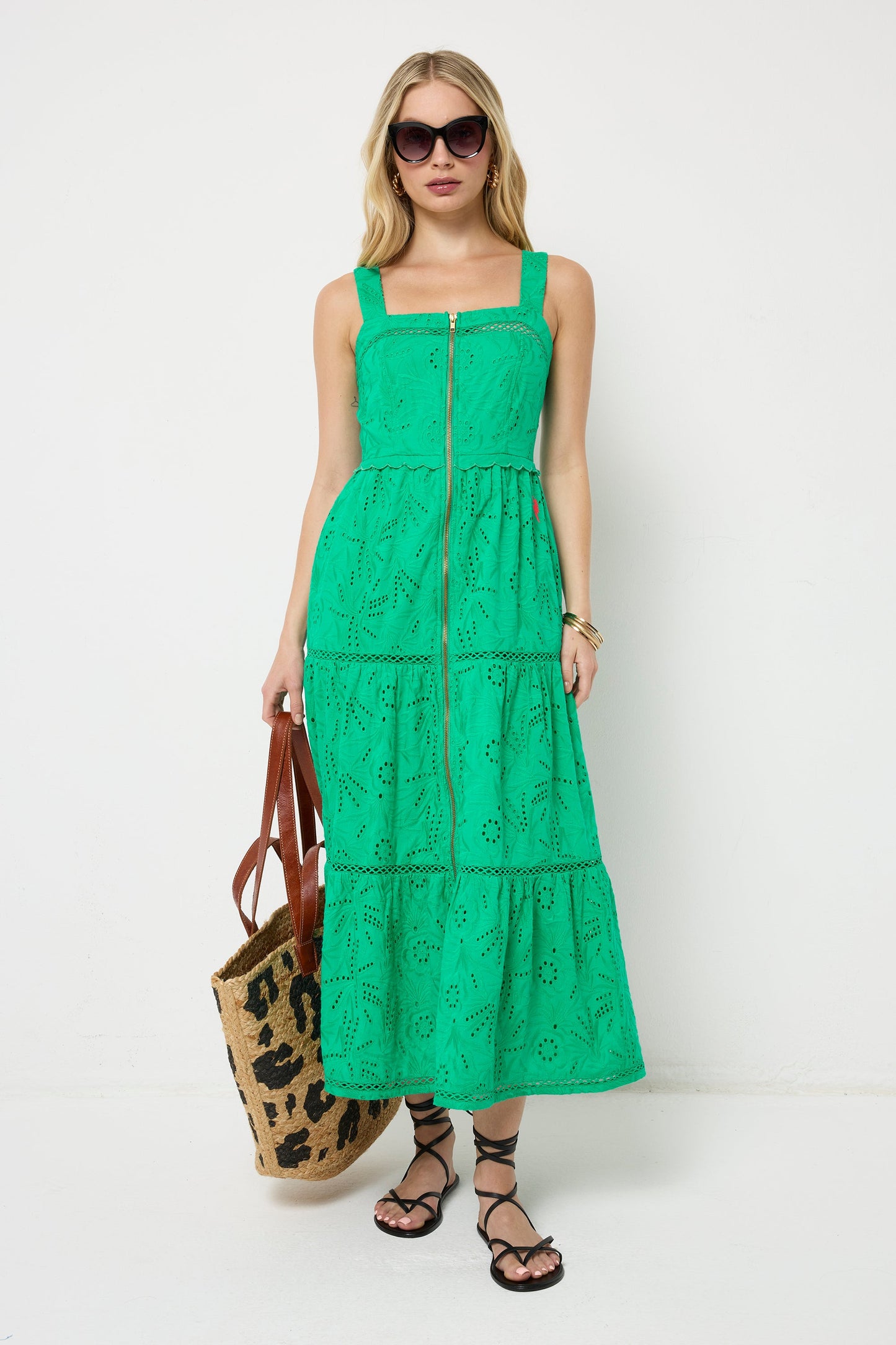 Green Broderie Zip Detail Midi Sundress