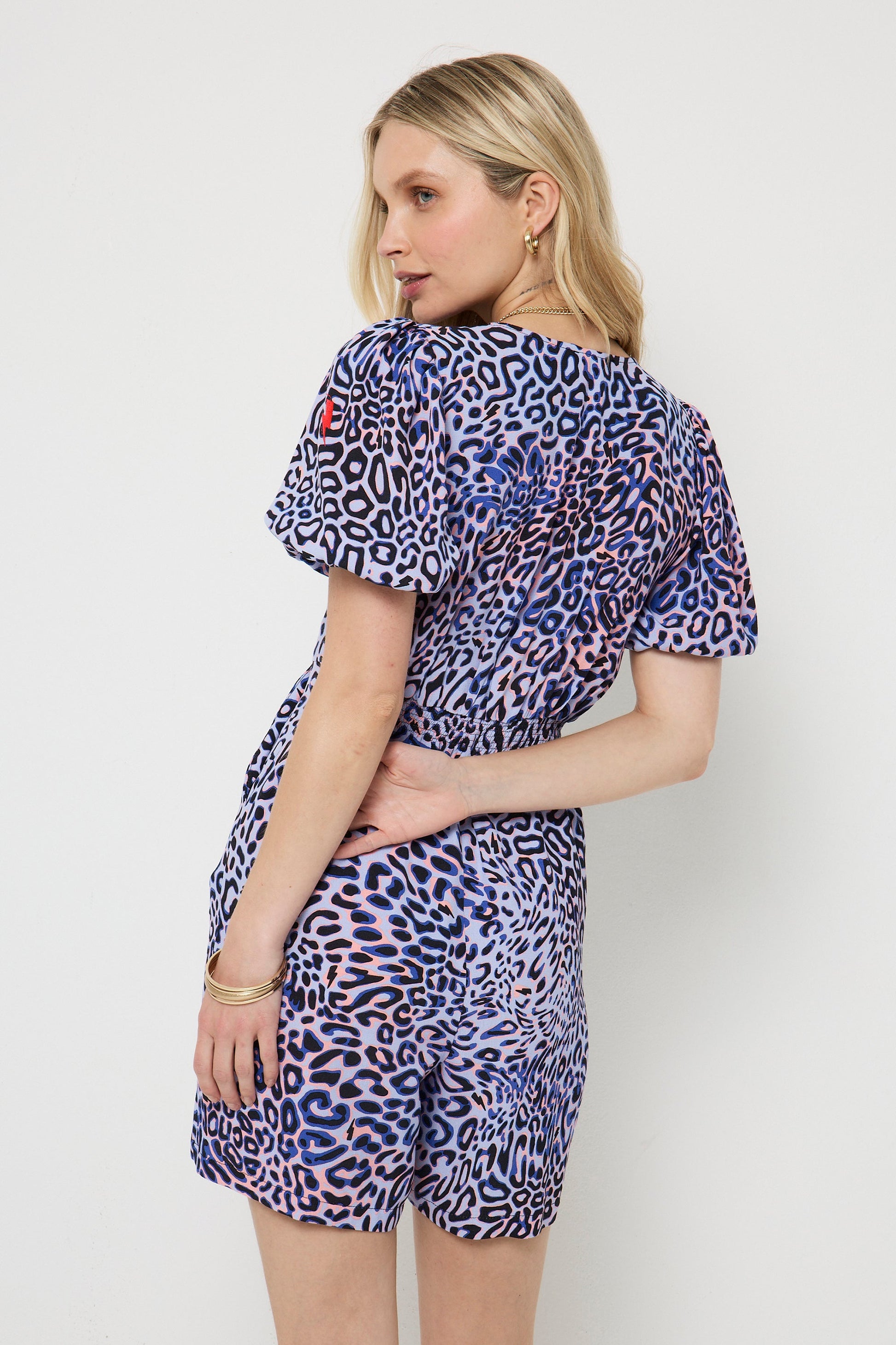 Lilac with Black and Pink Leopard Ray Zip Front Playsuit