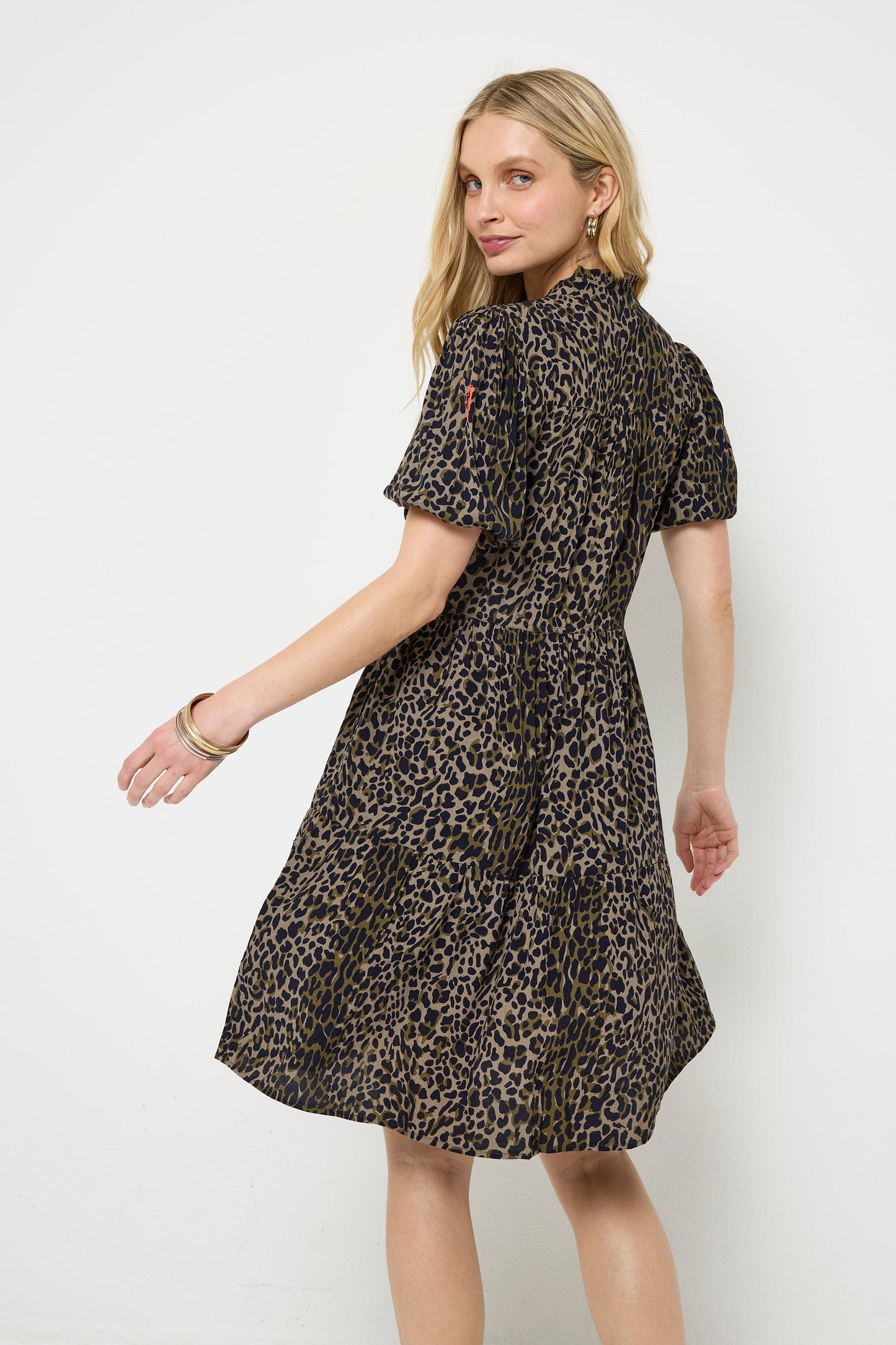 Khaki with Black Wild Leopard Zip Detail Tiered Short Dress