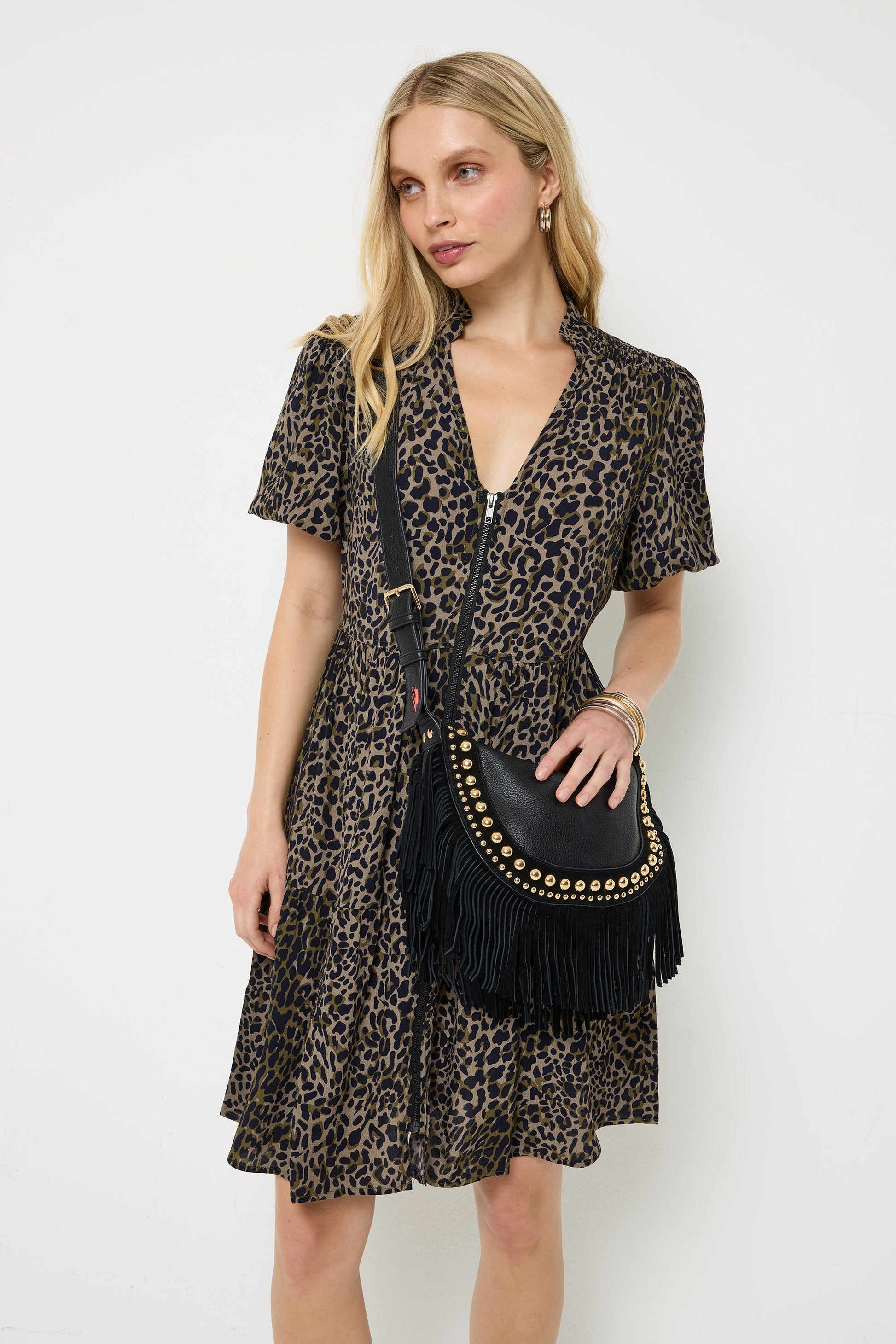 Black Studded Suede Fringed Cross Body Bag
