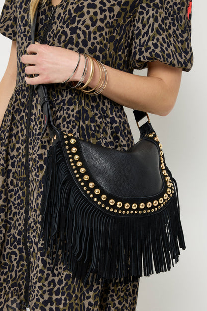 Black Studded Suede Fringed Cross Body Bag