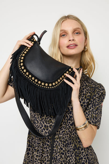 Black Studded Suede Fringed Cross Body Bag
