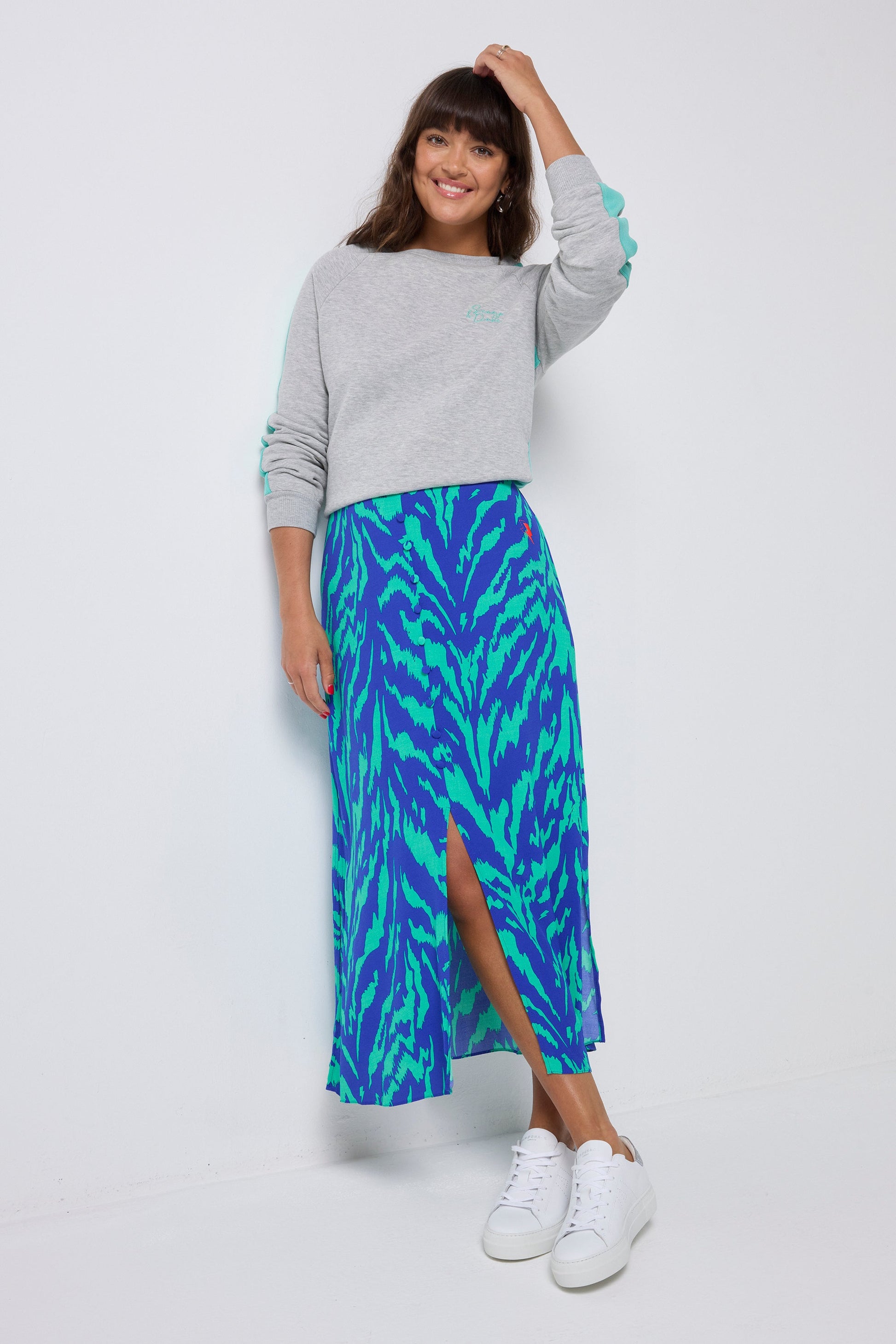 Blue with Green Tiger Button Through Skirt