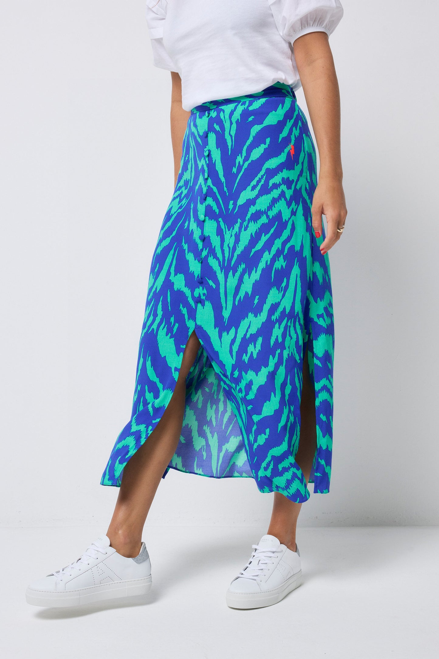 Blue with Green Tiger Button Through Skirt