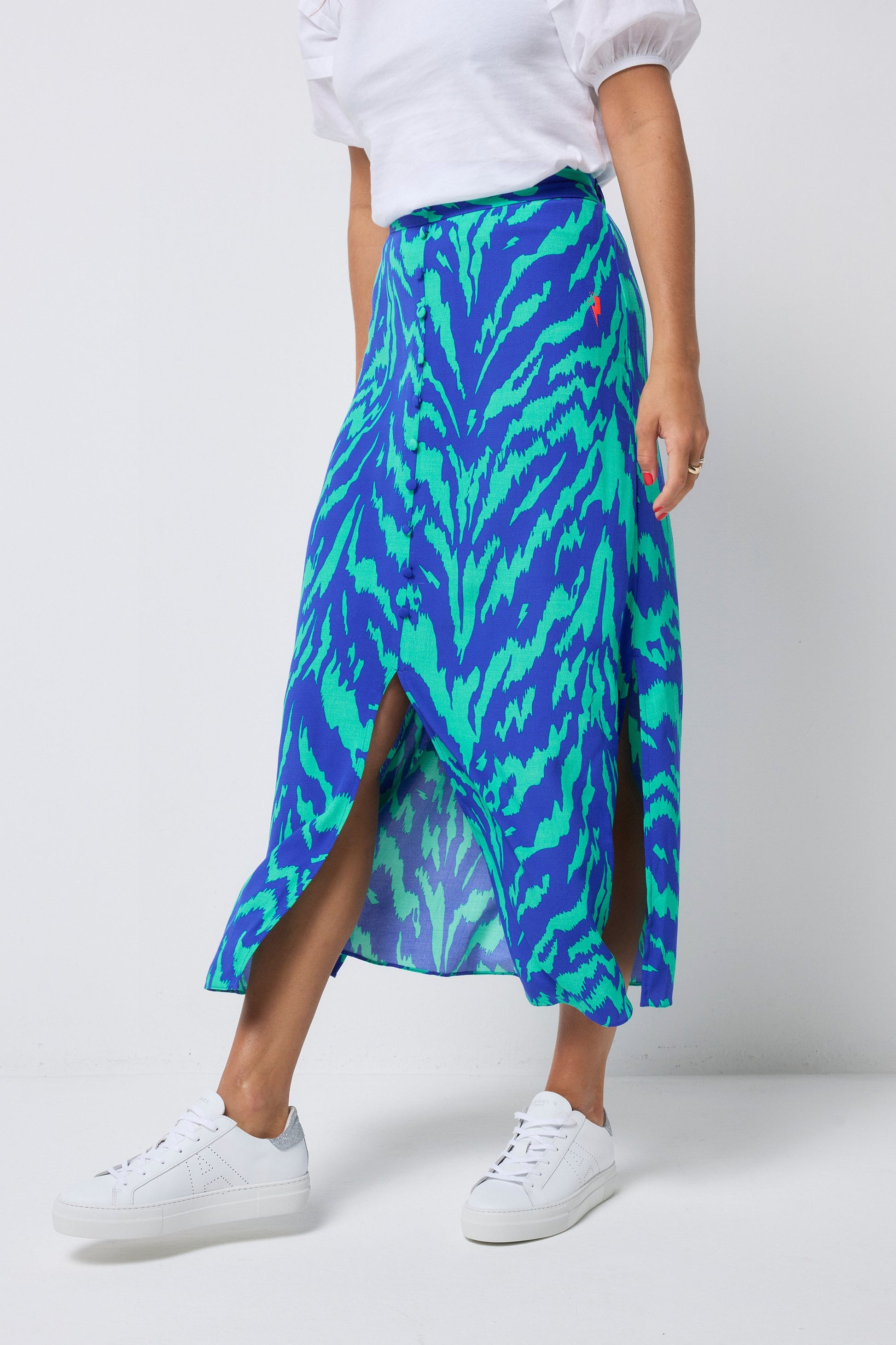 Blue with Green Tiger Button Through Skirt