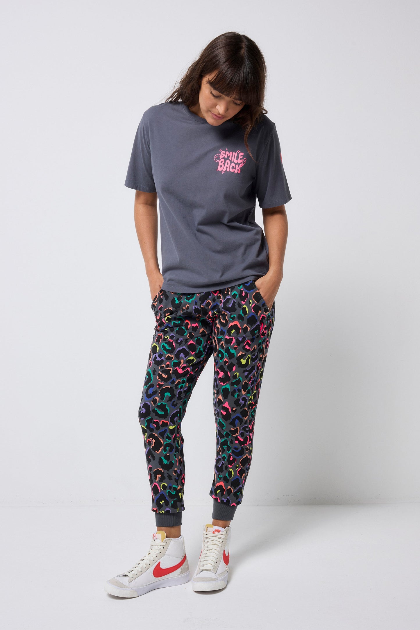 Grey with Rainbow Shadow Leopard and Lightning Bolt Cosy Joggers