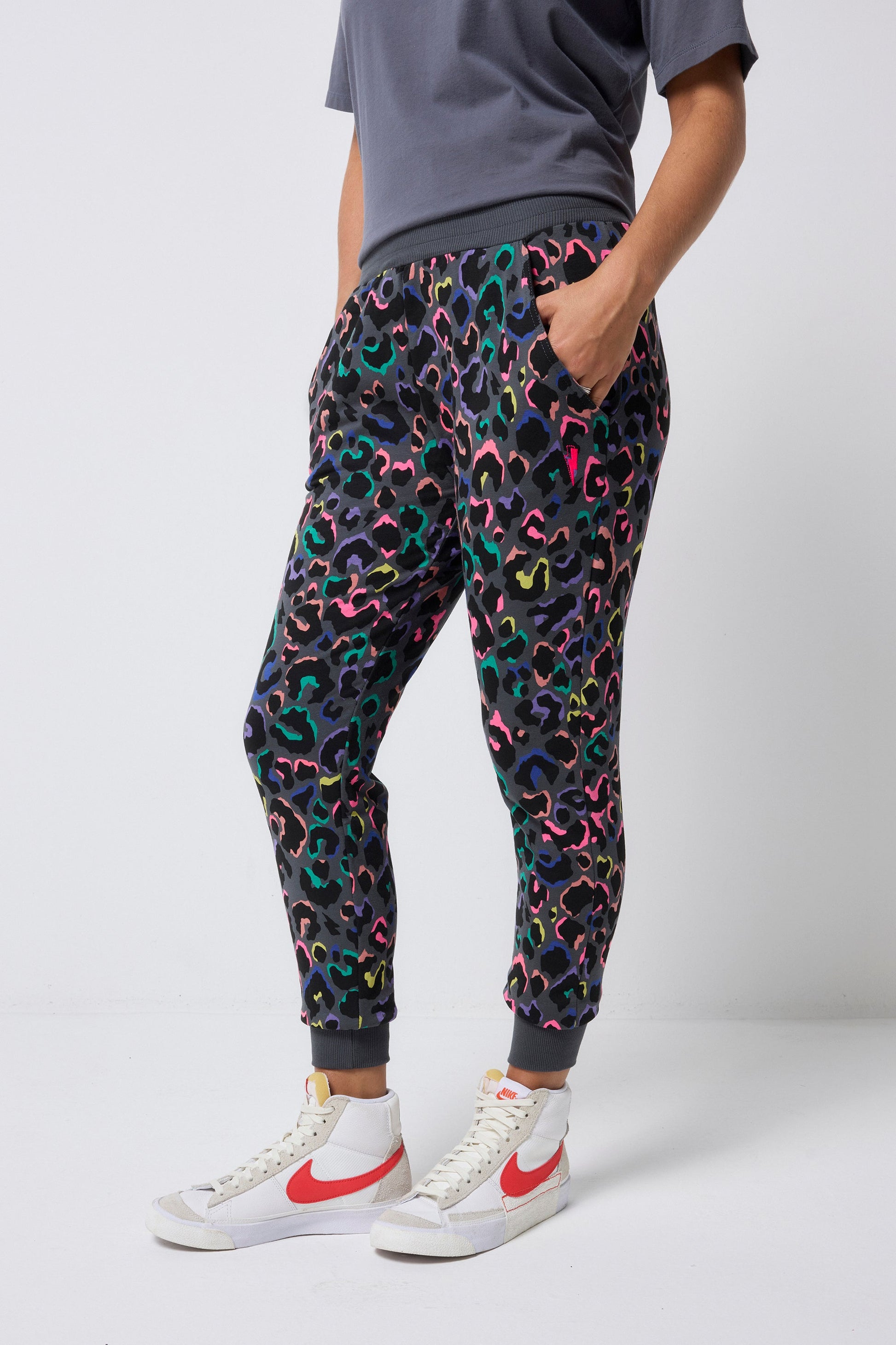 Grey with Rainbow Shadow Leopard and Lightning Bolt Cosy Joggers