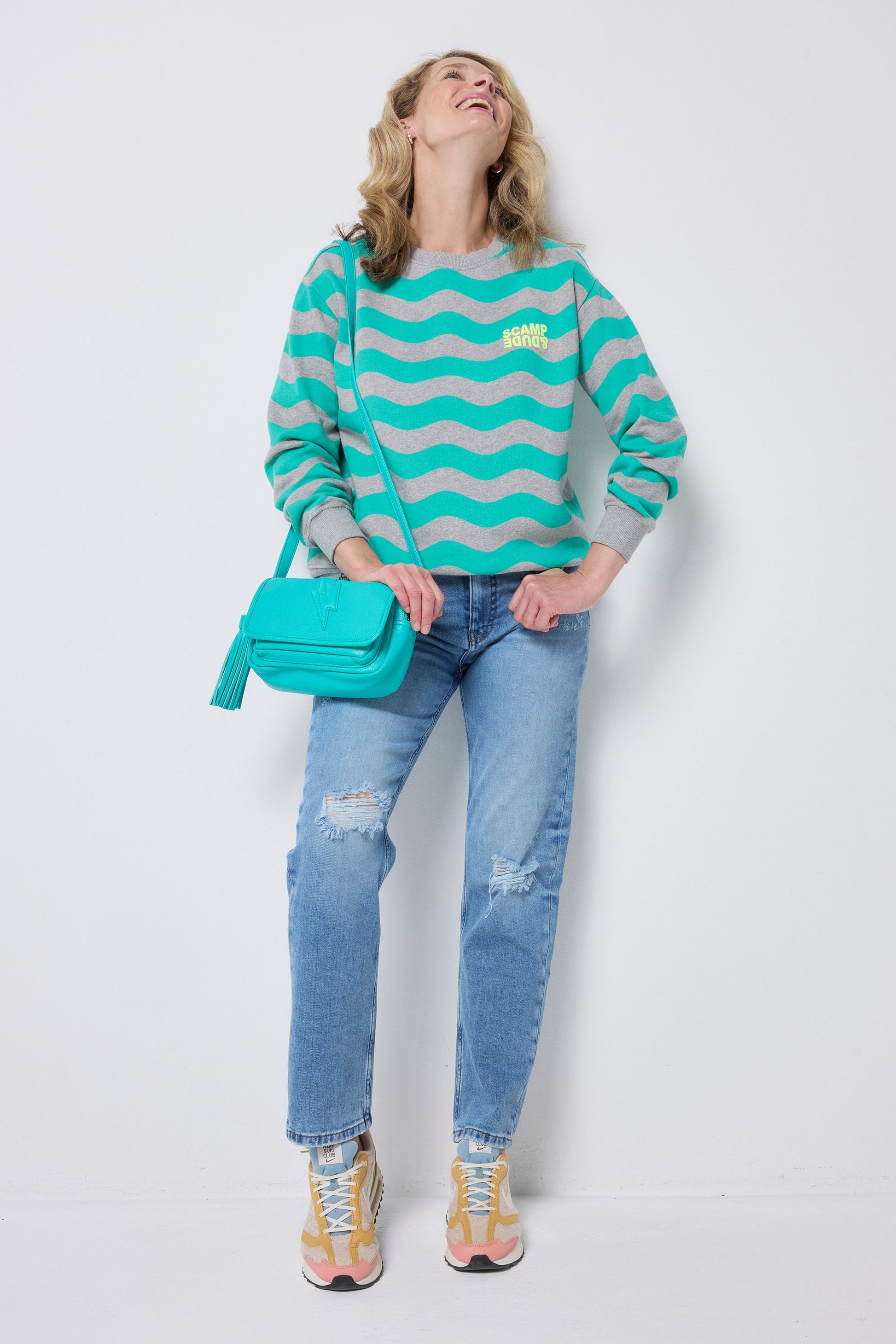 Light Grey with Green Wave Stripe Oversized Sweatshirt