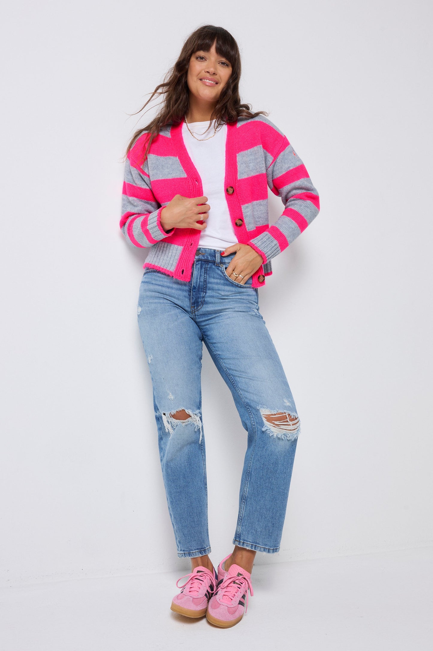 Grey with Neon Pink Bold Stripe Cardigan