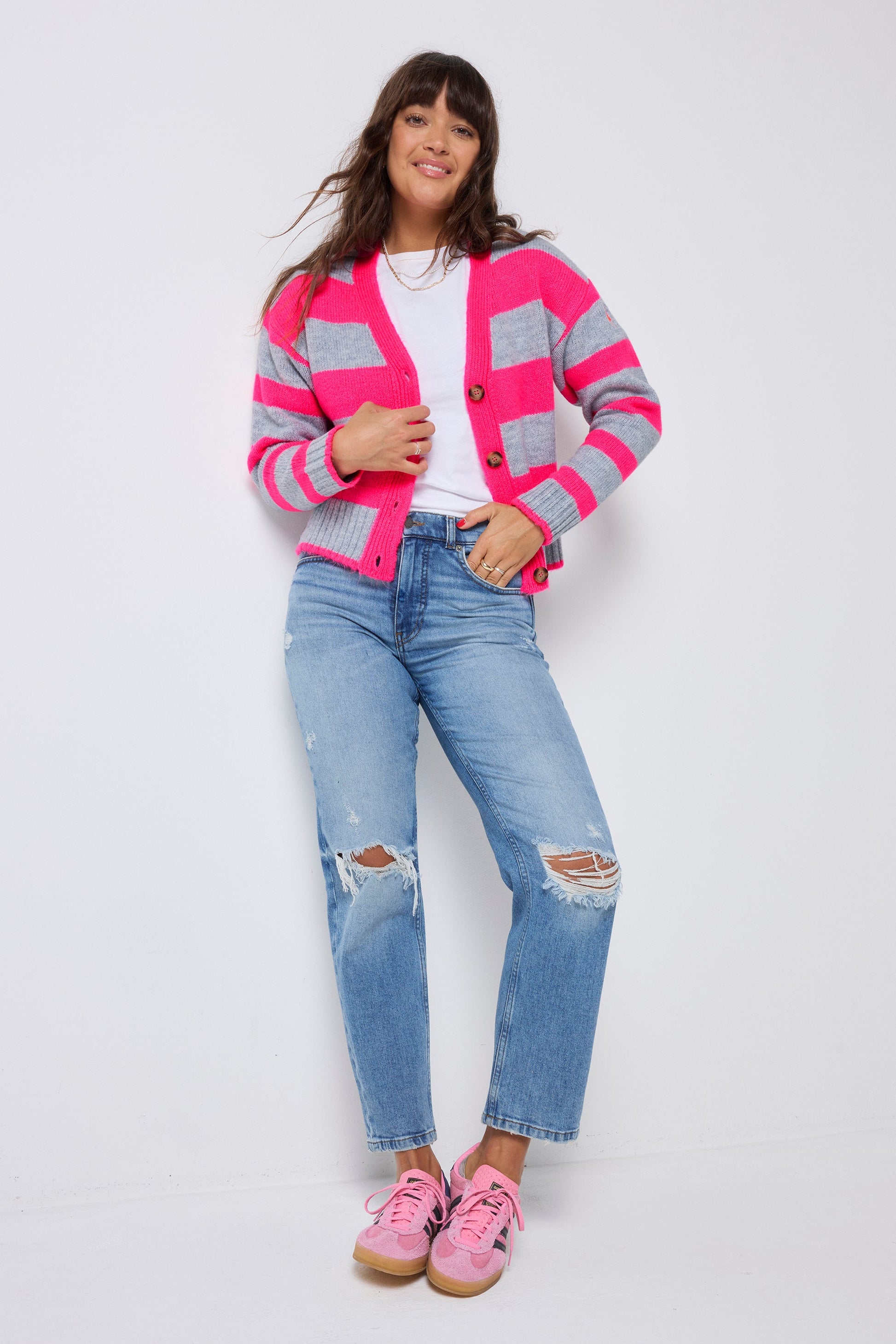 Grey with Neon Pink Bold Stripe Cardigan