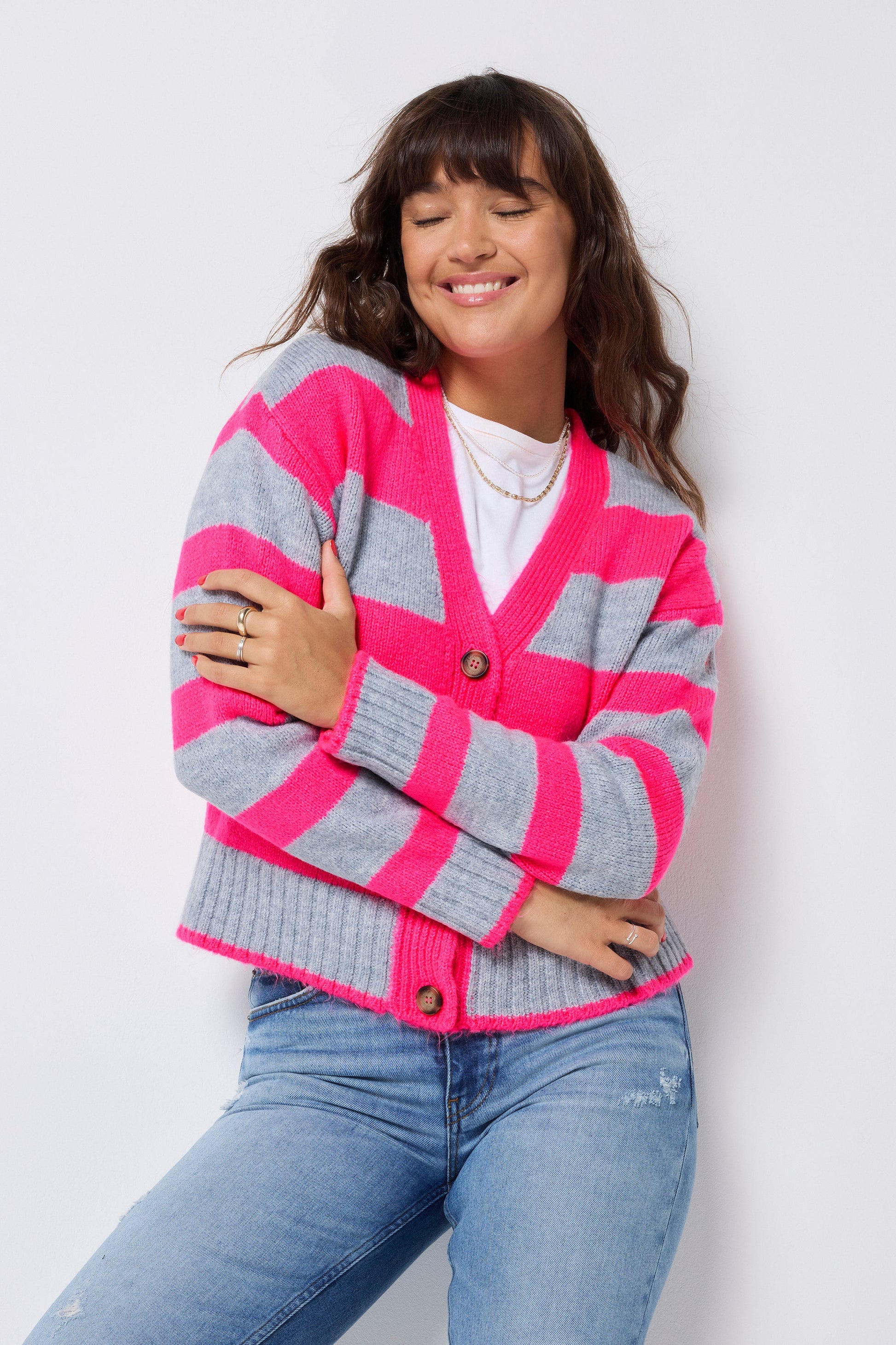 Grey with Neon Pink Bold Stripe Cardigan