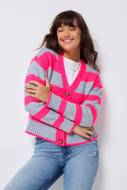 Grey with Neon Pink Bold Stripe Cardigan
