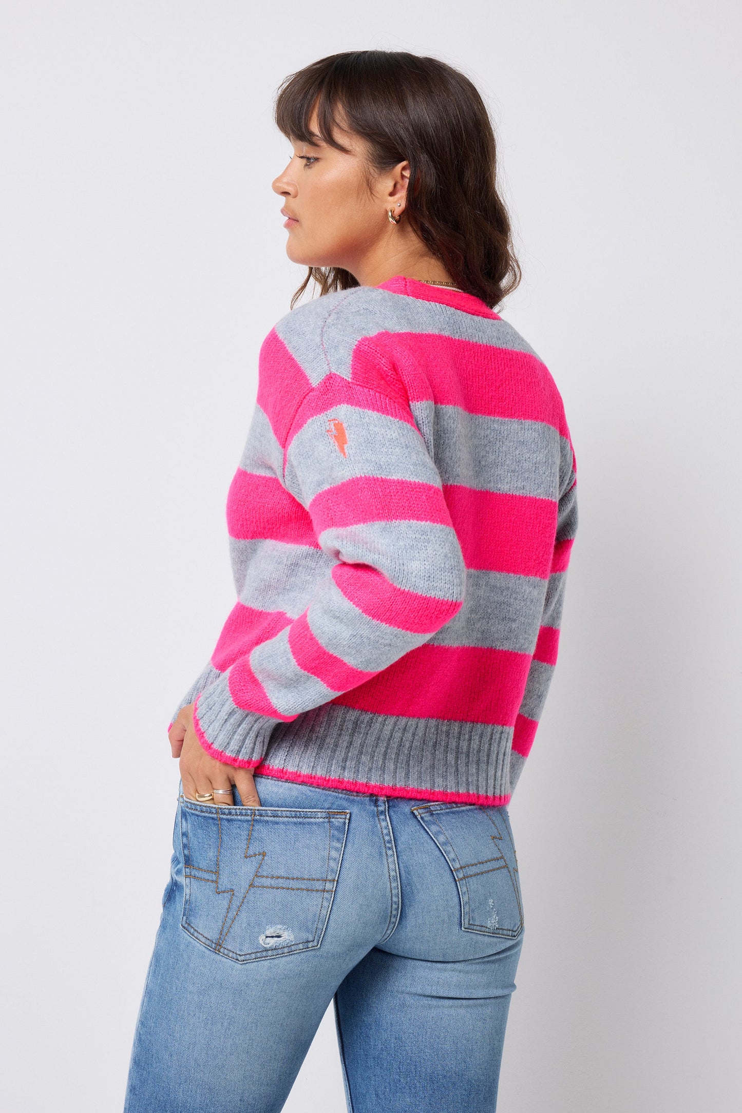 Grey with Neon Pink Bold Stripe Cardigan