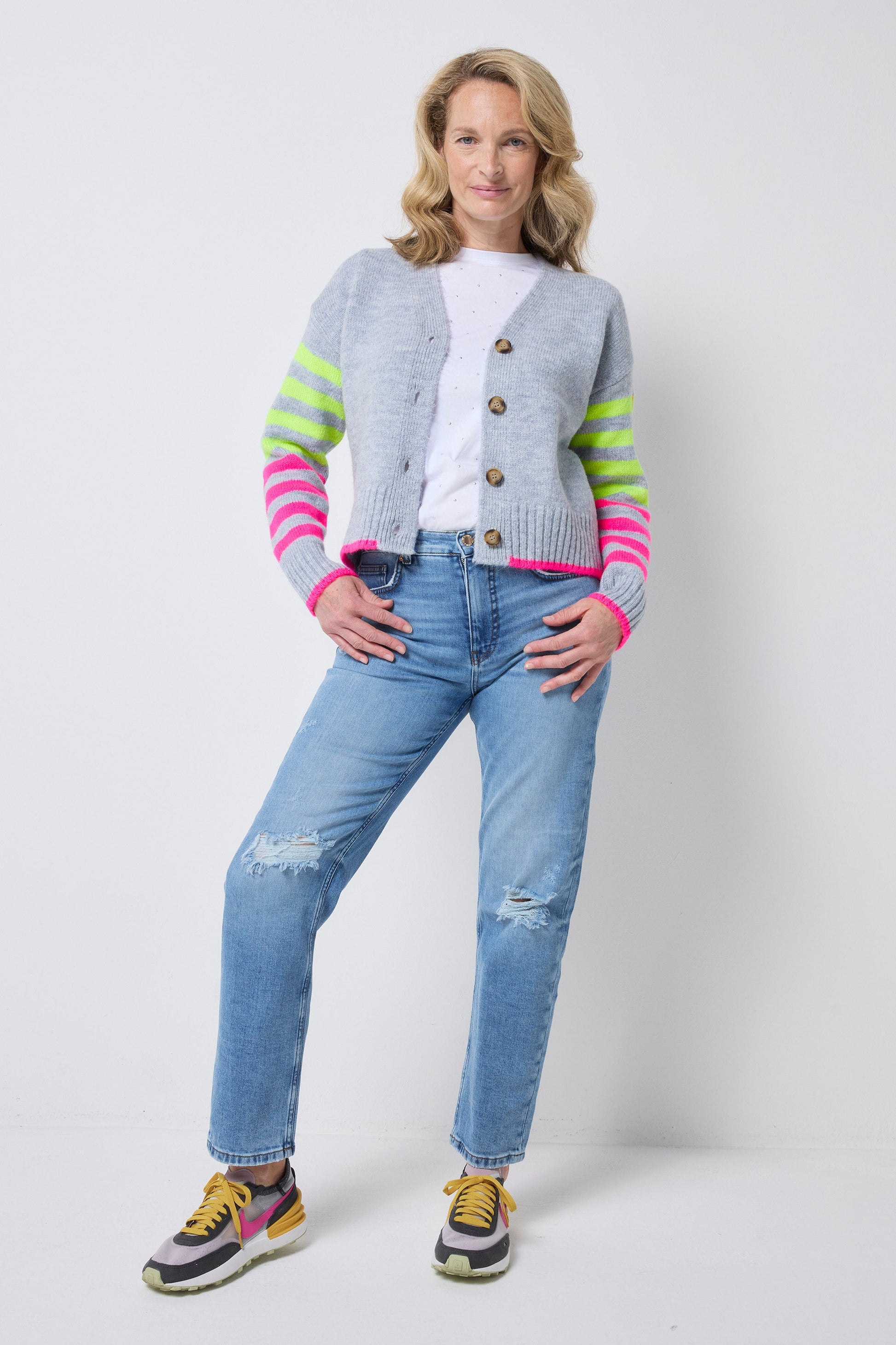 Grey with Neon Yellow and Neon Pink Stripe Cardigan