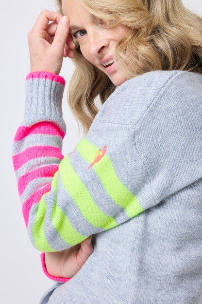 Grey with Neon Yellow and Neon Pink Stripe Cardigan