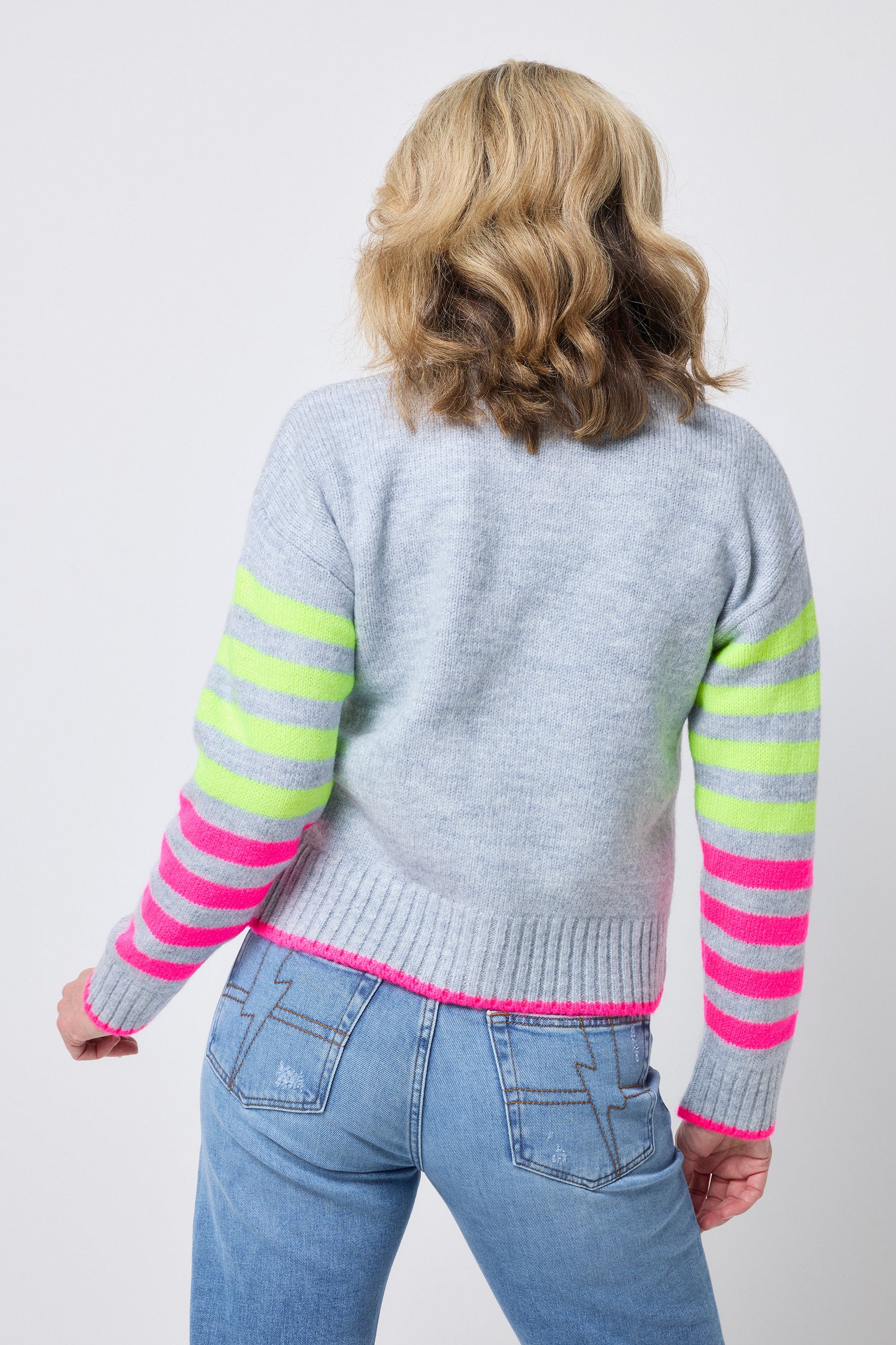 Grey with Neon Yellow and Neon Pink Stripe Cardigan