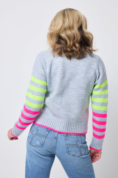 Grey with Neon Yellow and Neon Pink Stripe Cardigan