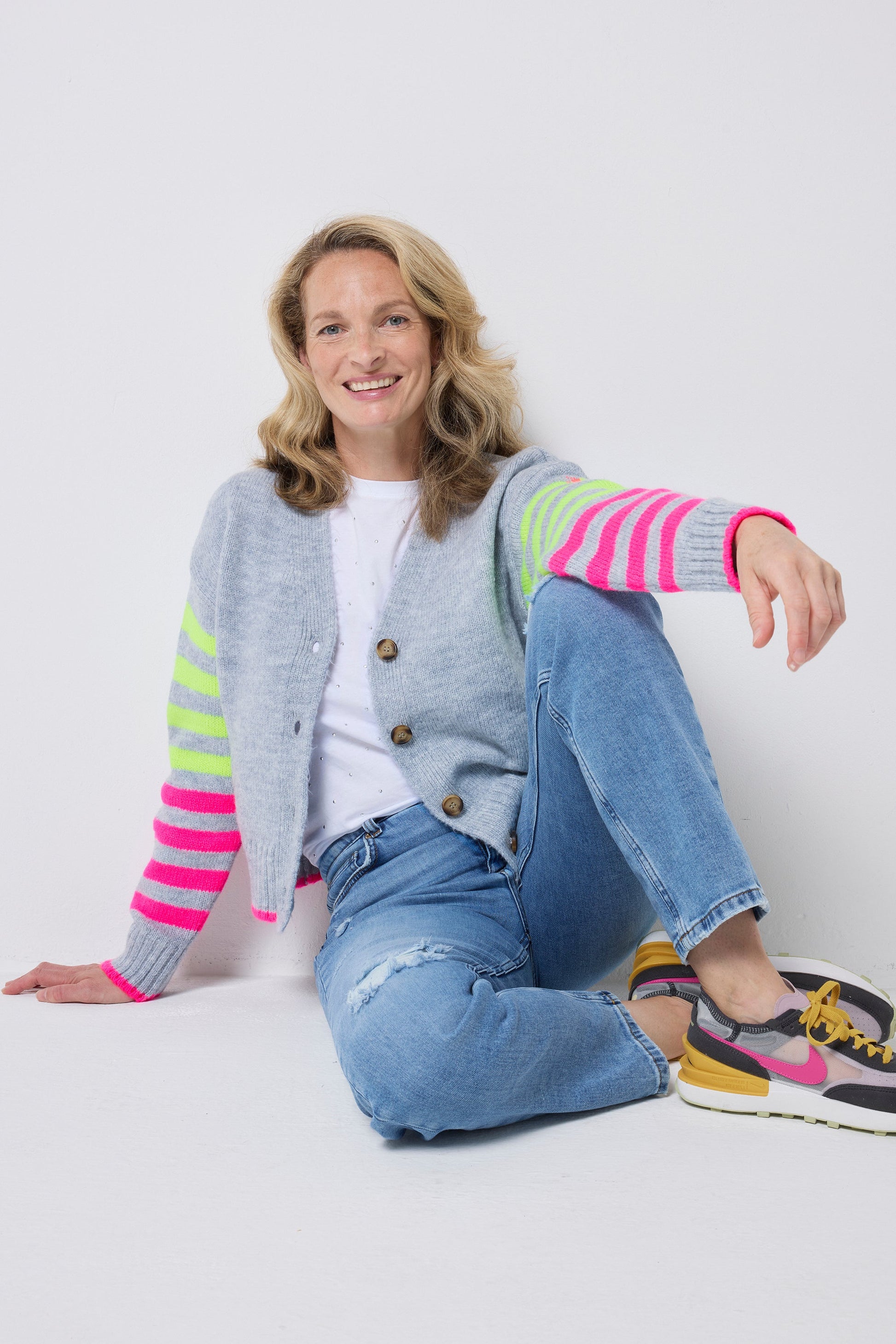 Grey with Neon Yellow and Neon Pink Stripe Cardigan