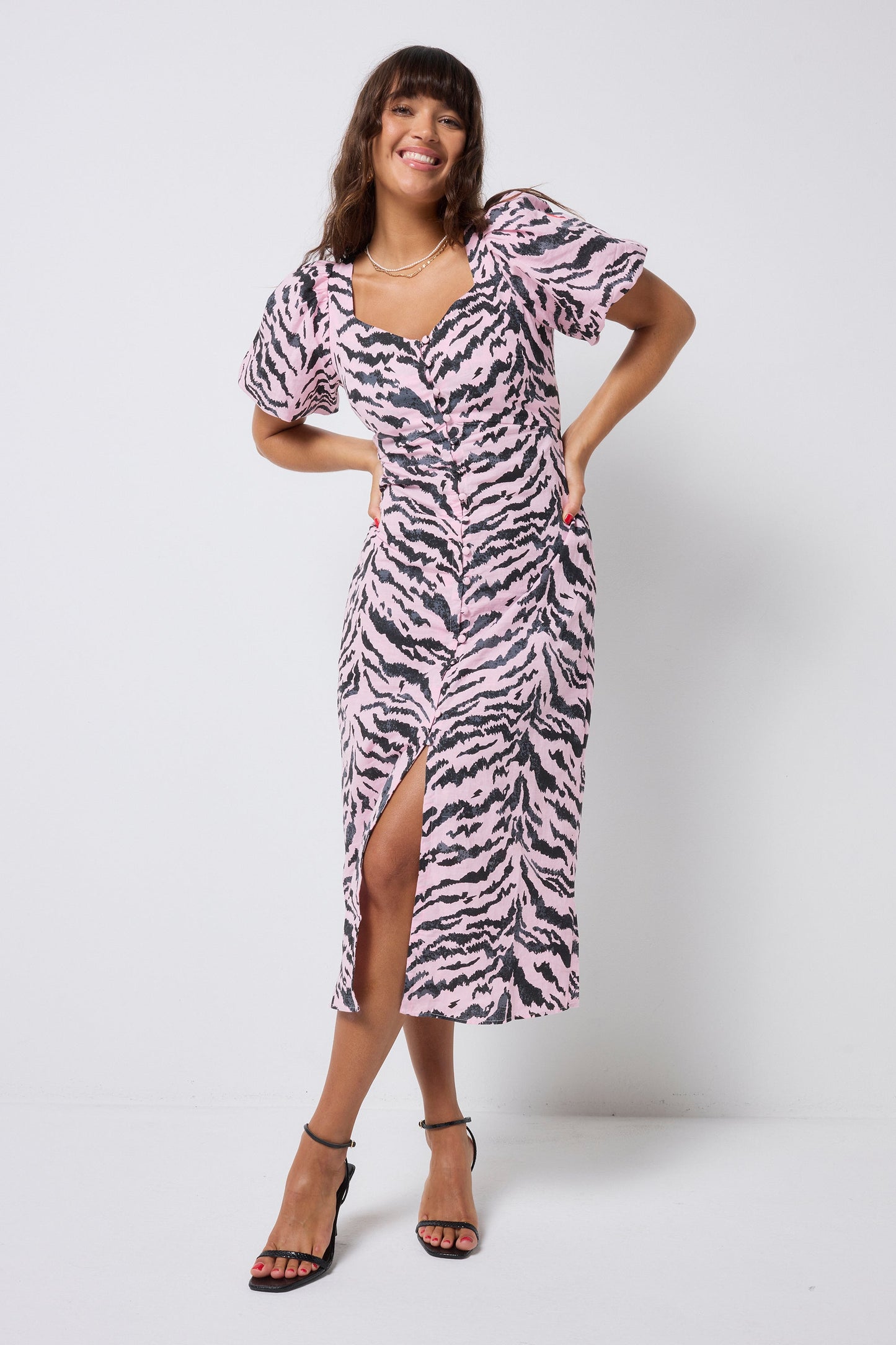 Pale Pink with Grey Texture Tiger Puff Sleeve Midi Tea Dress