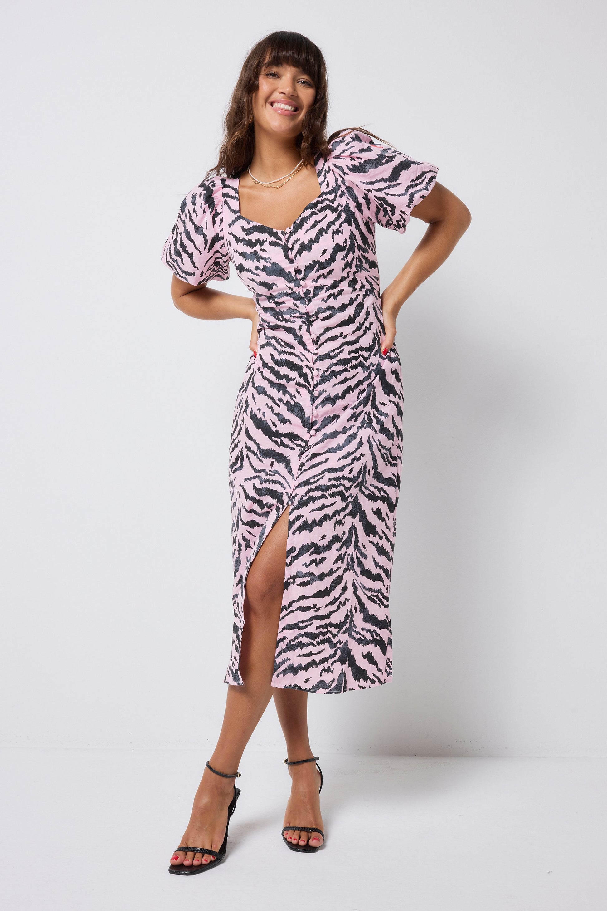 Pale Pink with Grey Texture Tiger Puff Sleeve Midi Tea Dress