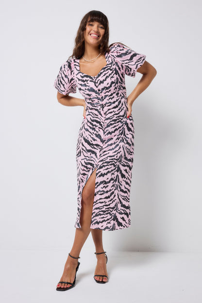 Pale Pink with Grey Texture Tiger Puff Sleeve Midi Tea Dress