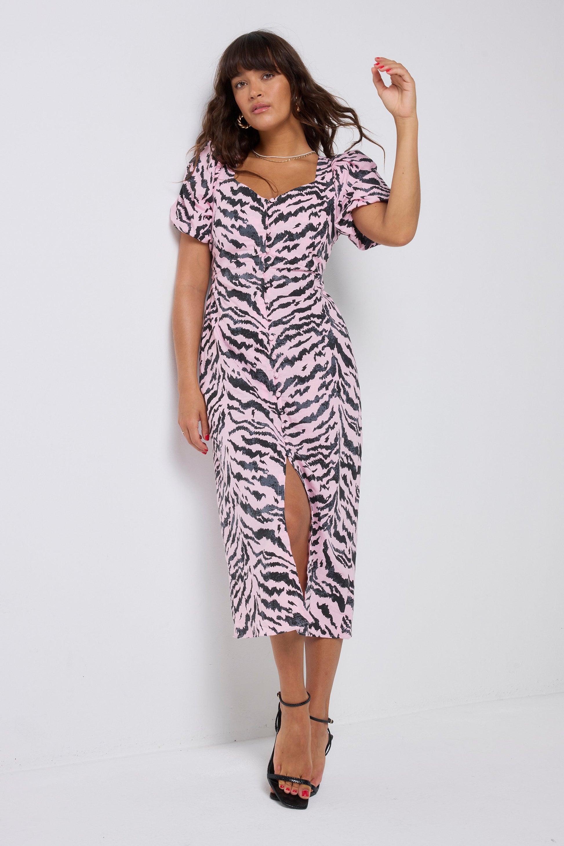 Pale Pink with Grey Texture Tiger Puff Sleeve Midi Tea Dress