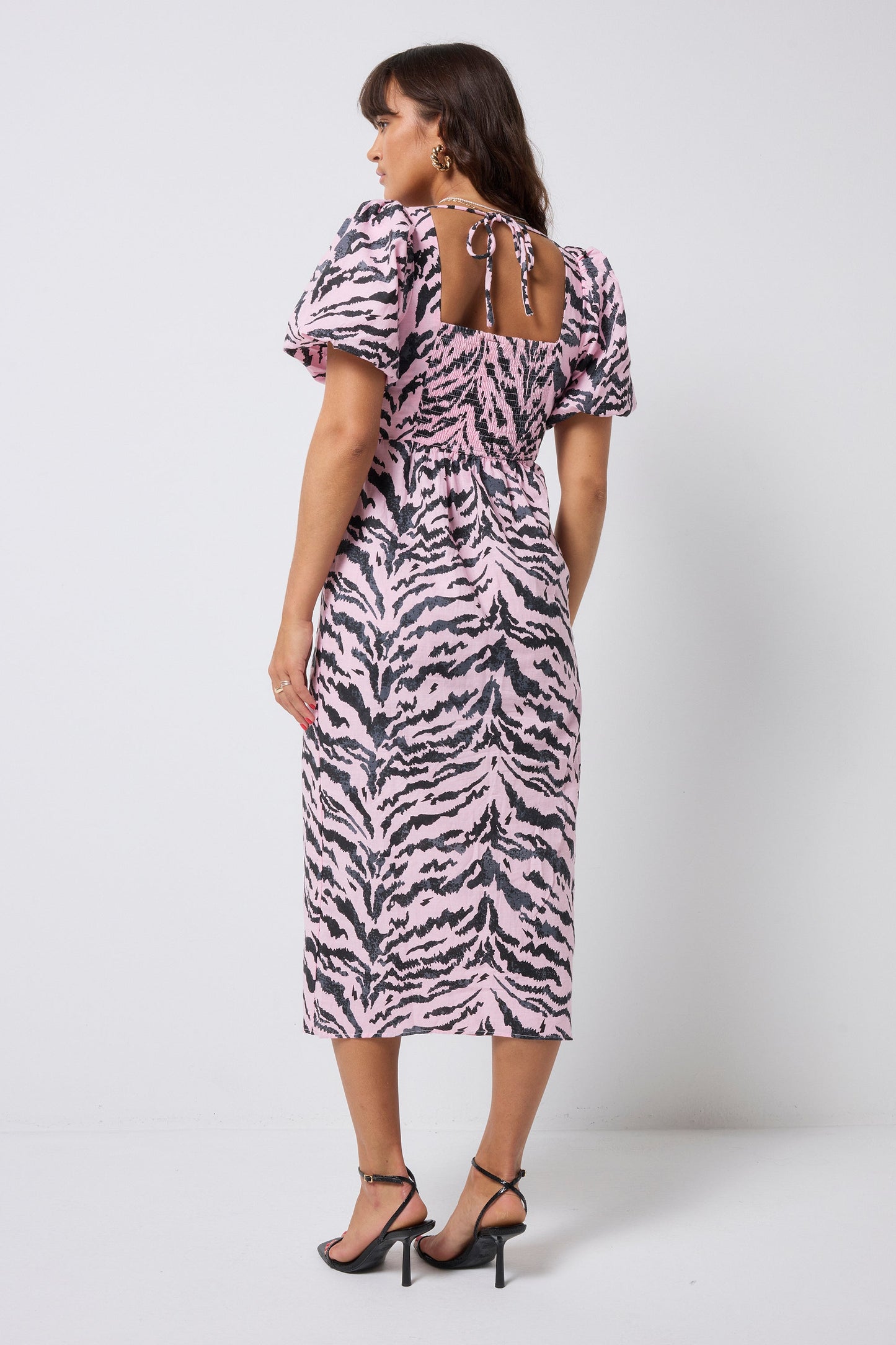 Pale Pink with Grey Texture Tiger Puff Sleeve Midi Tea Dress