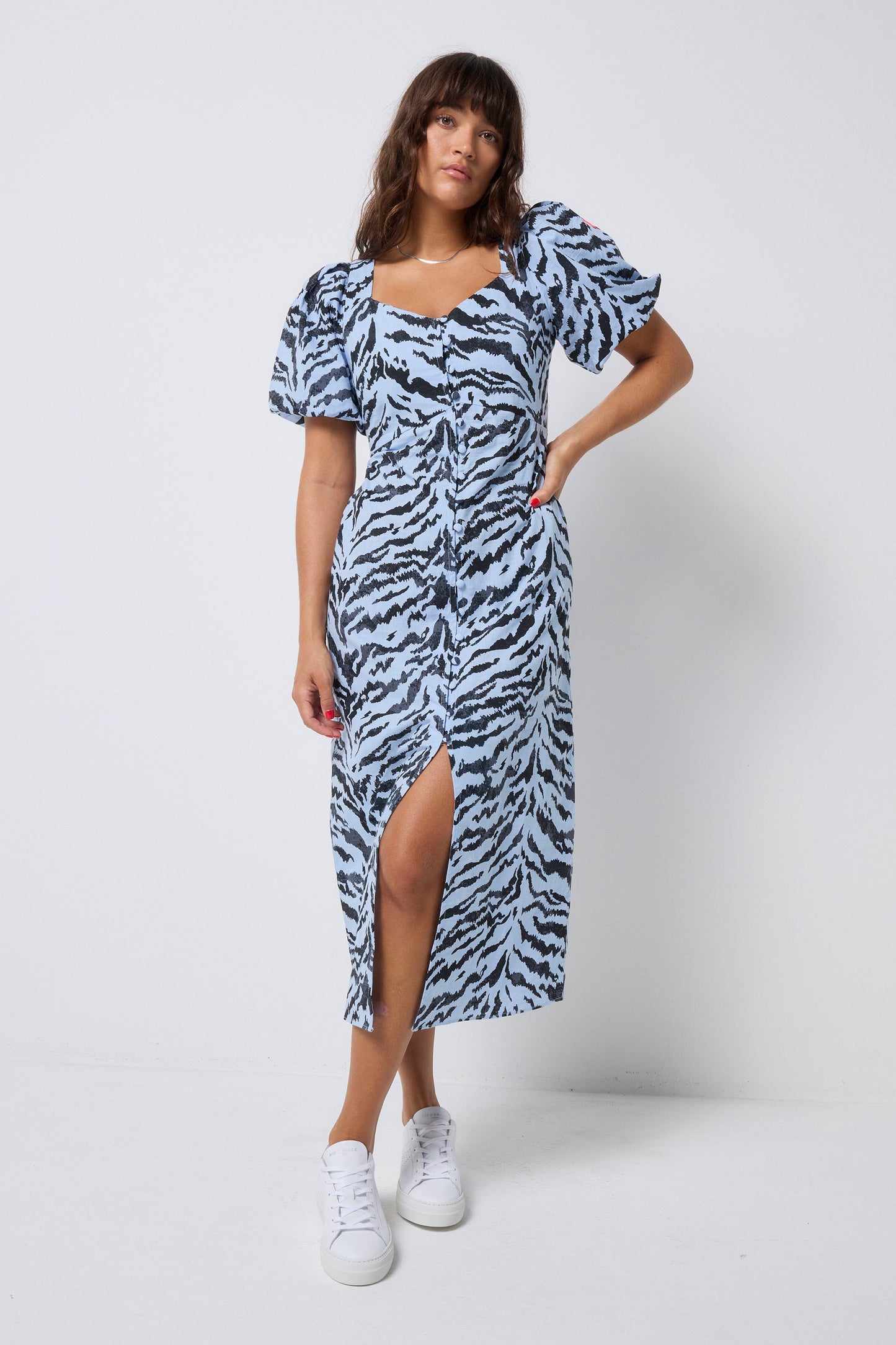 Pale Blue With Grey Texture Tiger Puff Sleeve Midi Tea Dress