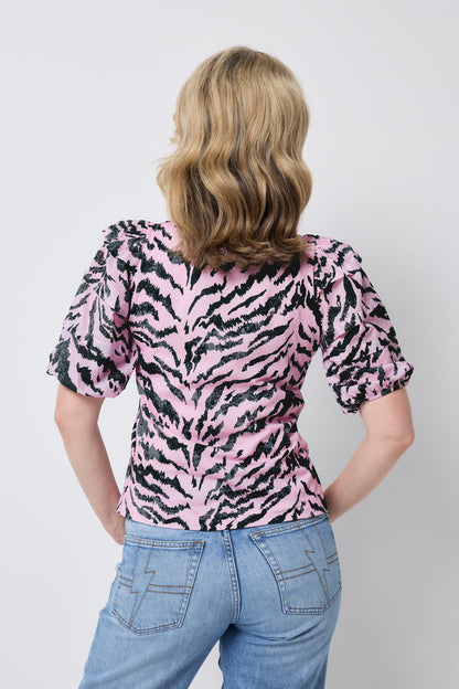 Pink with Black Texture Tiger Pintuck Sleeve T-Shirt