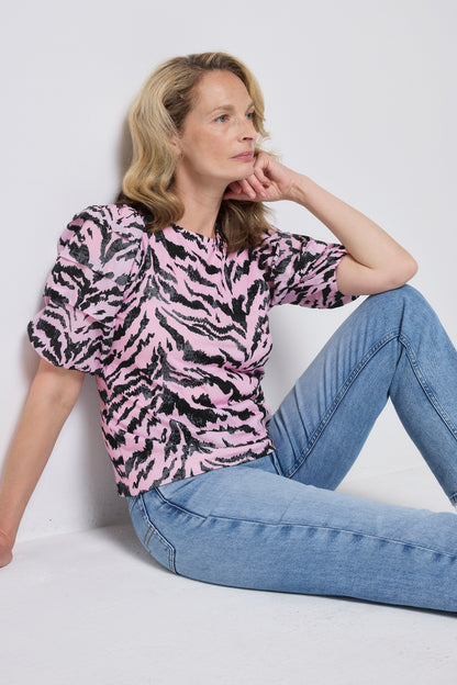 Pink with Black Texture Tiger Pintuck Sleeve T-Shirt
