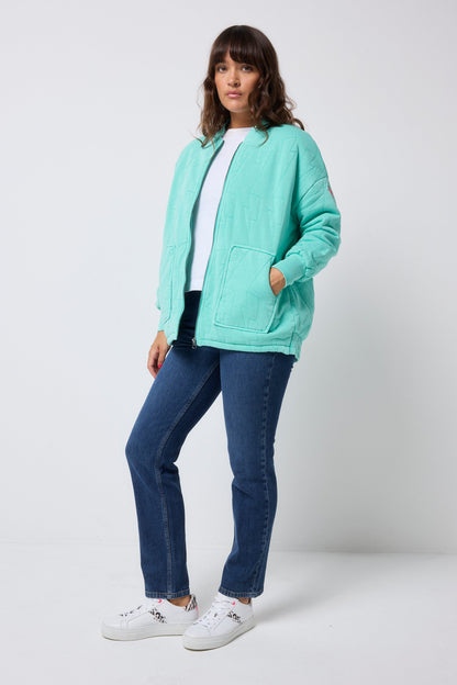 Turquoise Lightning Bolt Oversized Quilted Bomber Jacket