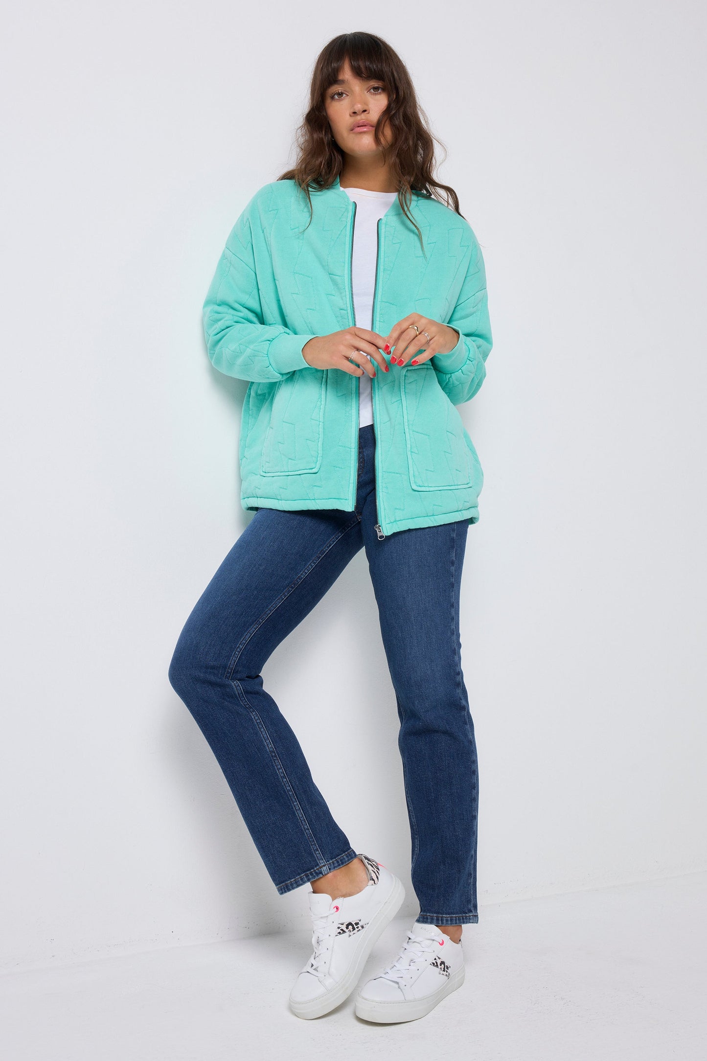 Turquoise Lightning Bolt Oversized Quilted Bomber Jacket