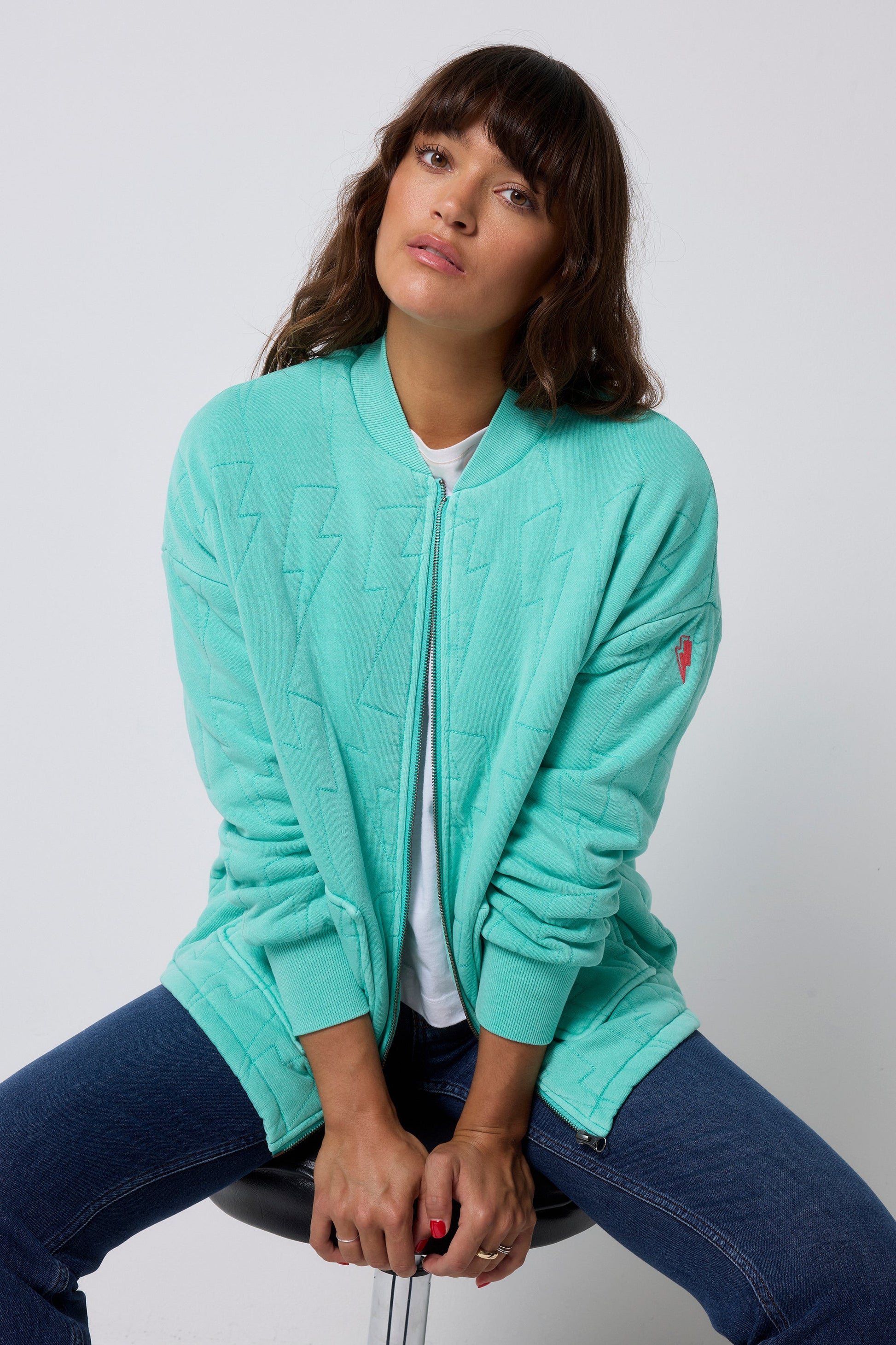 Turquoise Lightning Bolt Oversized Quilted Bomber Jacket